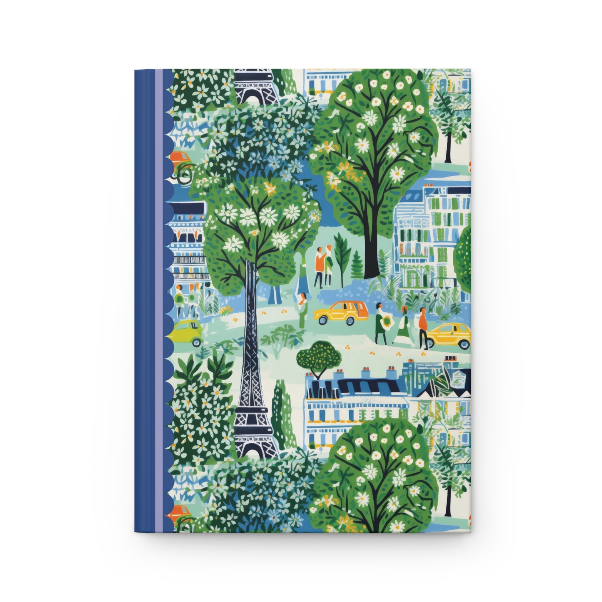 A Printify Hardcover Journal Matte with a blue spine and cover illustration depicting a colorful cityscape with trees, buildings, people, and cars, including the Eiffel Tower in the background. This customizable journal features lined pages for all your notes and thoughts.