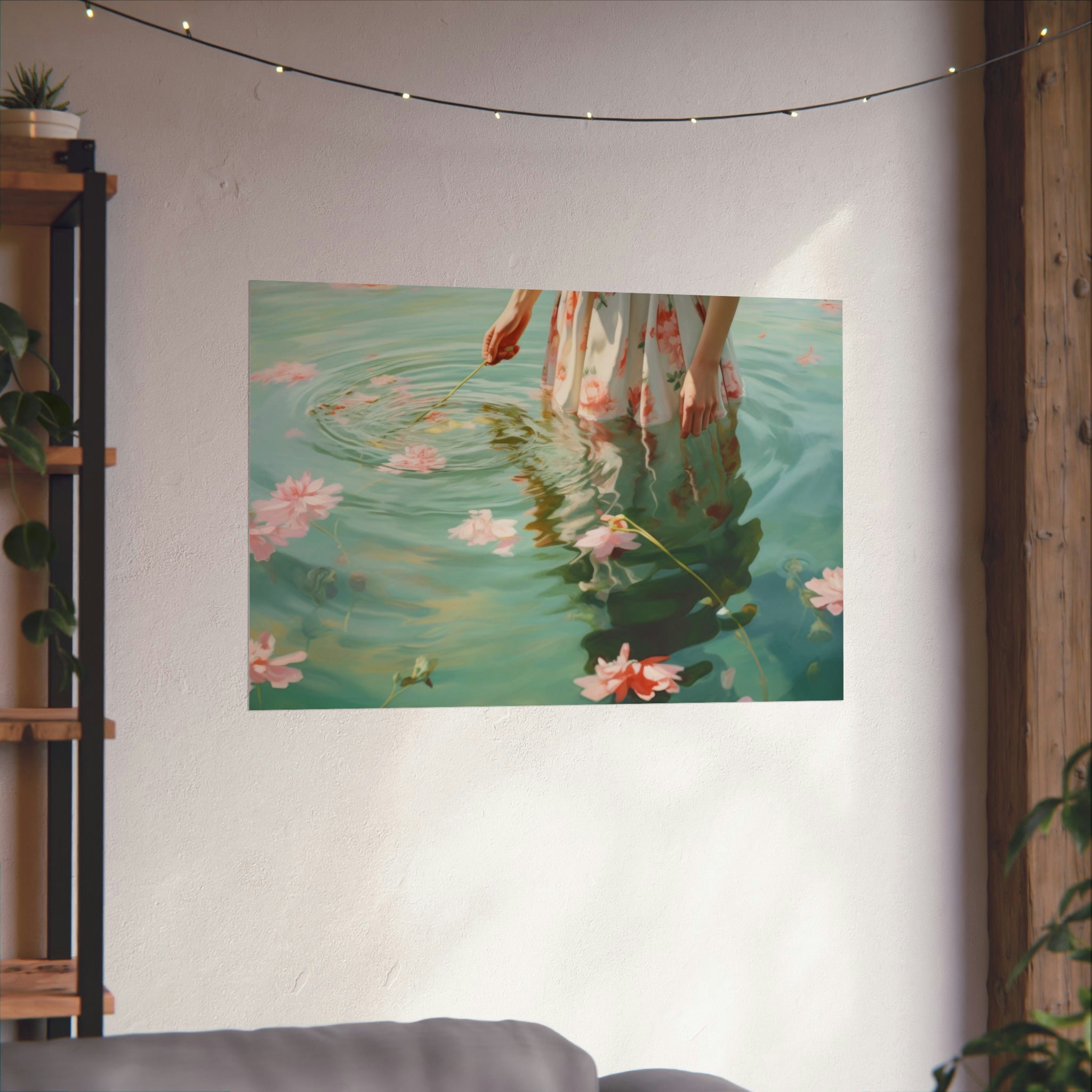 A framed art print of Ripples by Printify, a person wading through water with flowers, hung on walls with art, string lights above, and a plant to the side.