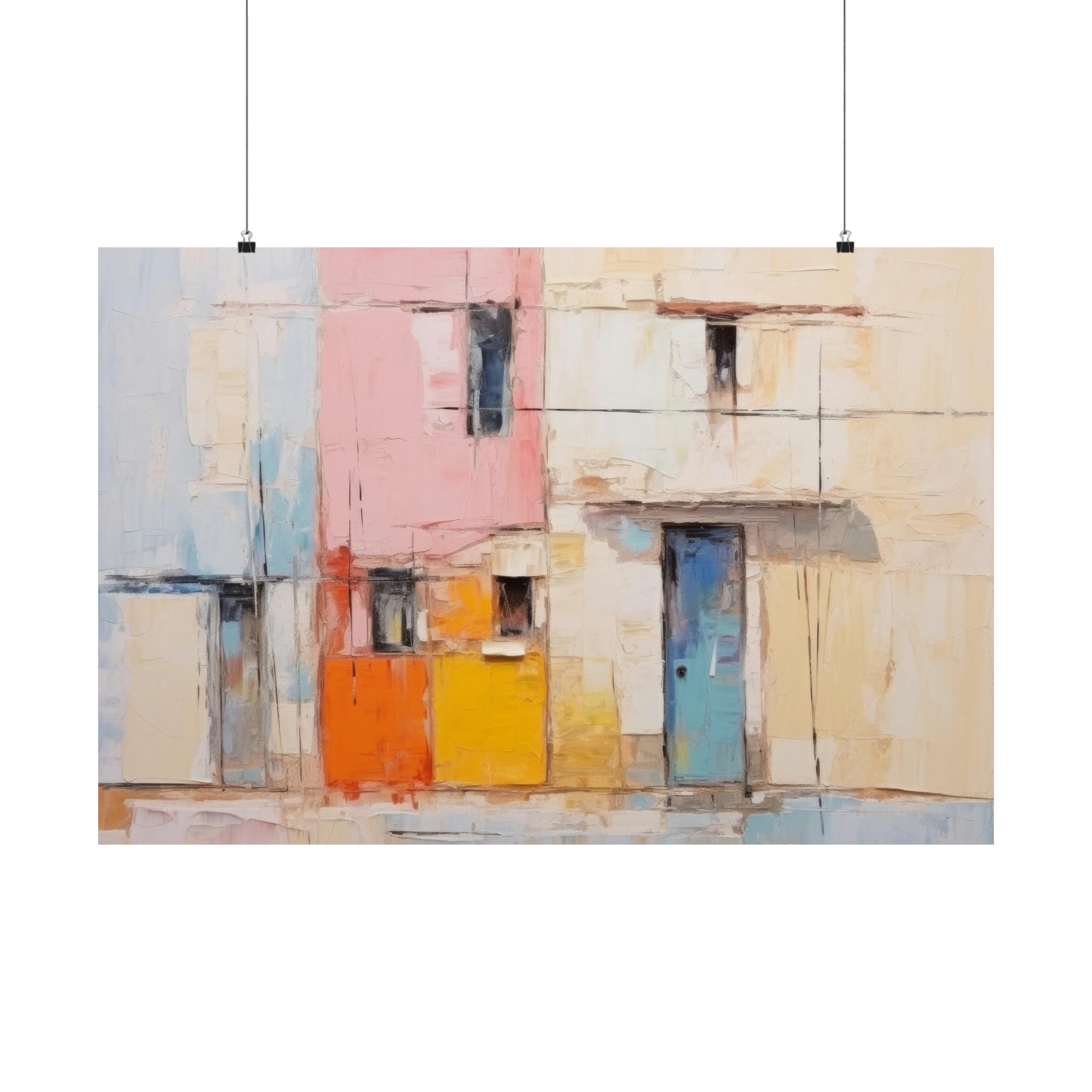 Abstract painting of geometric shapes resembling building facades displayed as wall art for living room on a white wall - Candy Colors poster by Printify.