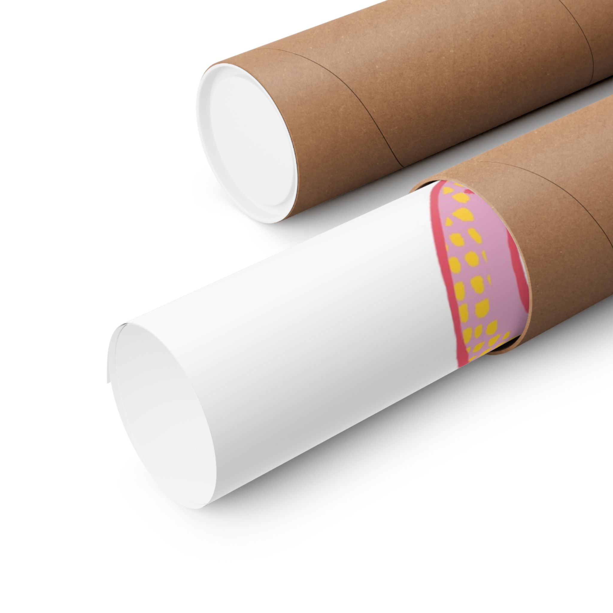 The Snake with Roses large matte poster by Printify is printed on museum-grade paper with archival inks and features a vibrant abstract design, shown partially unrolled from its brown cardboard tube. Available in 7 sizes.