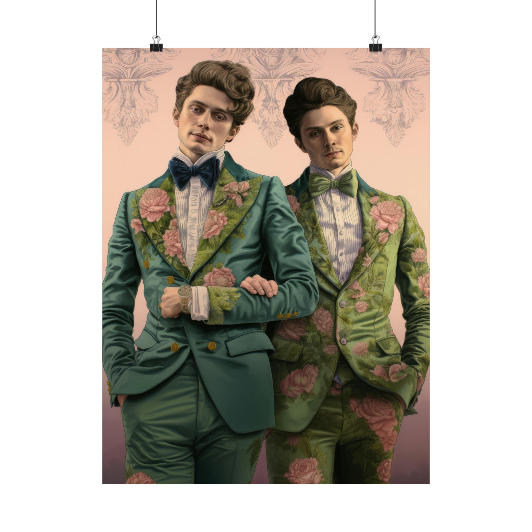 Two men in matching floral suits standing back-to-back with serious expressions against a pink background, with vintage art on the walls, featuring the Sense & Sensibility Large Matte Poster from Printify.