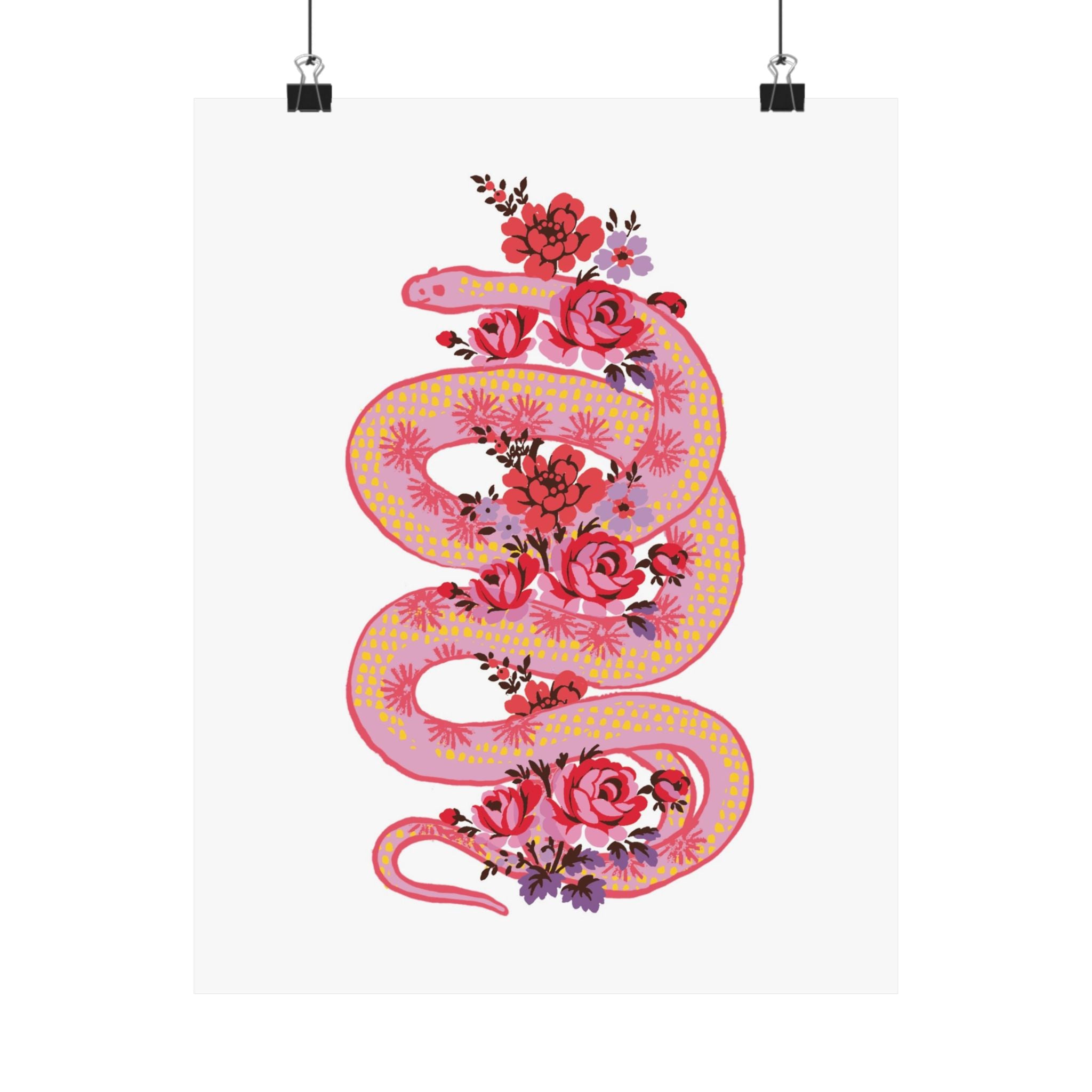 Printify’s "Snake with Roses" large matte poster features a coiled pink snake with red, pink, and purple flowers on white, printed in archival inks for museum-grade quality. Available in 7 sizes.