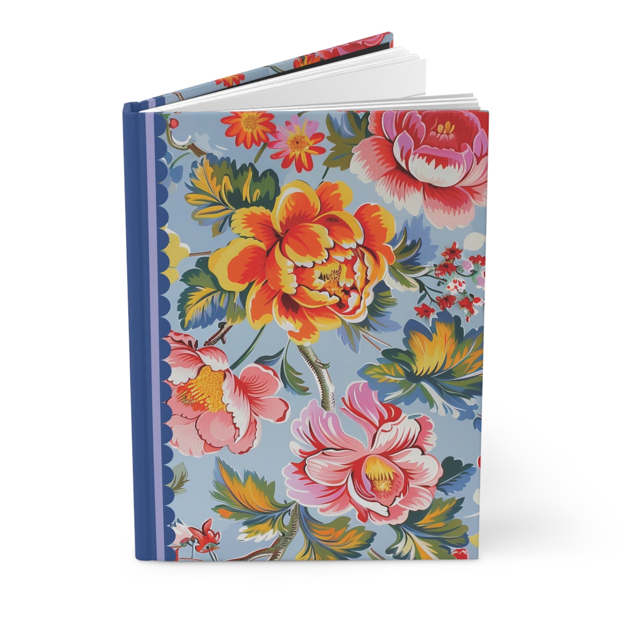 A Matte Hardcover Journal with a floral cover design featuring large, colorful flowers on a blue background. The Printify Hardcover Journal Matte, which has a blue spine and lined pages, is one of our customizable journals perfect for adding a personal touch.