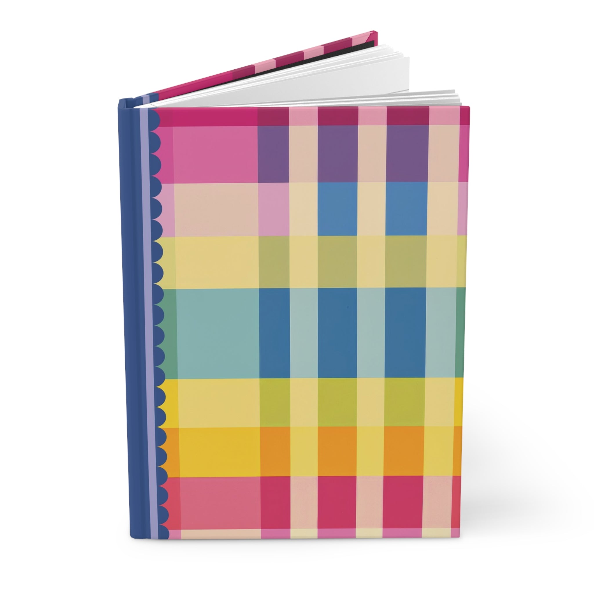 This Hardcover Journal Matte by Printify boasts a vibrant plaid pattern cover in shades of pink, blue, yellow, and green. The partially open customizable journal features a sturdy blue spine and contains 150 lined pages for all your writing needs.