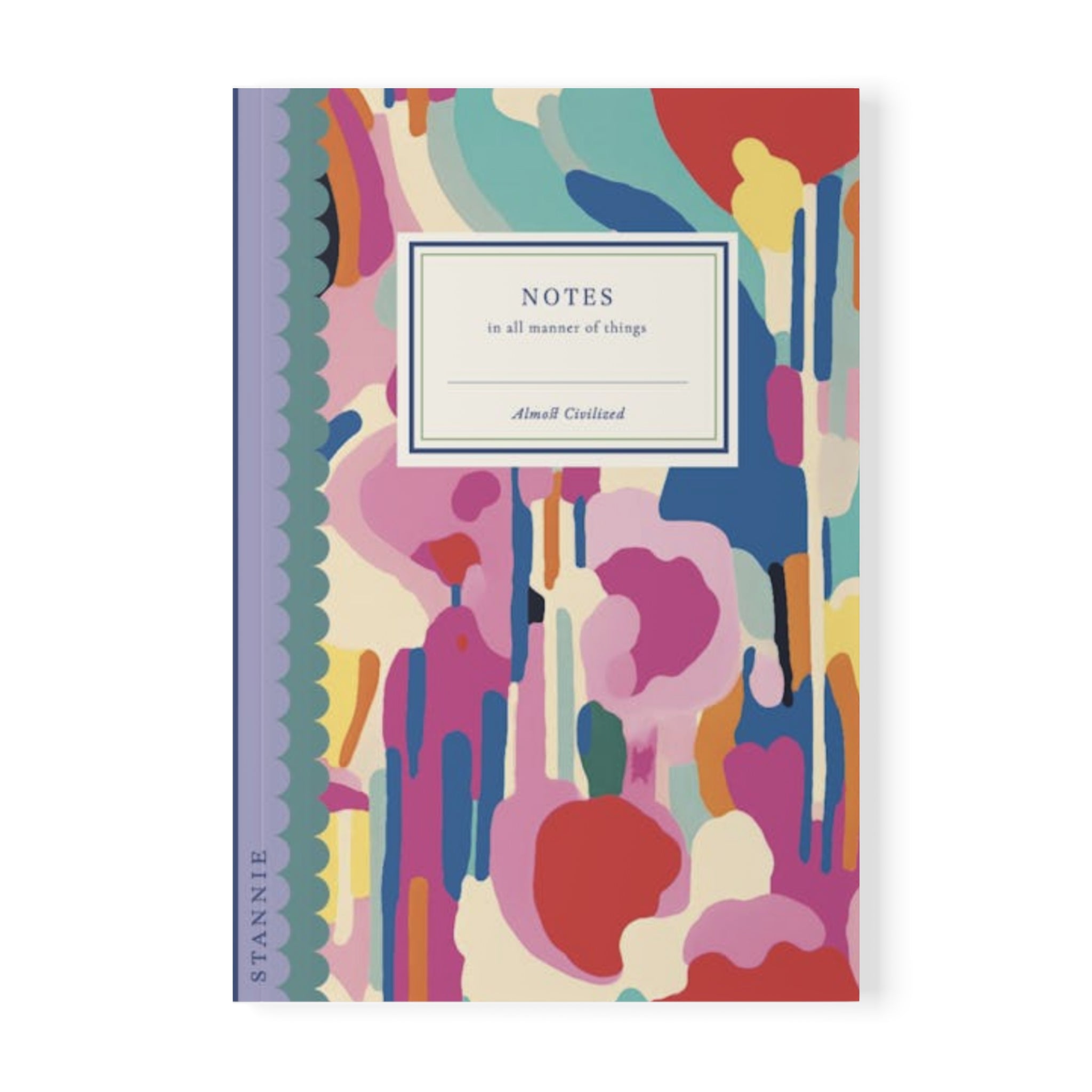 A colorful abstract Softcover Notebook, A5 with an abstract design and the title "Notes in all manner of things" by Printify. The spine reads "STANNIE." Inside, you'll find 90gsm lined paper perfect for jotting down your thoughts. This highly customizable notebook is perfect for anyone who loves to write.