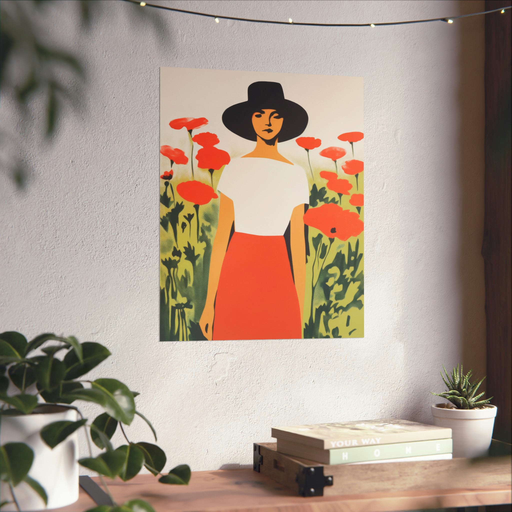 Sentence with replaced product:
"The Long Gaze" large matte poster of a stylized woman in a hat standing in a field of red flowers, displayed on walls in a cozy room with plants and vintage art by Printify.