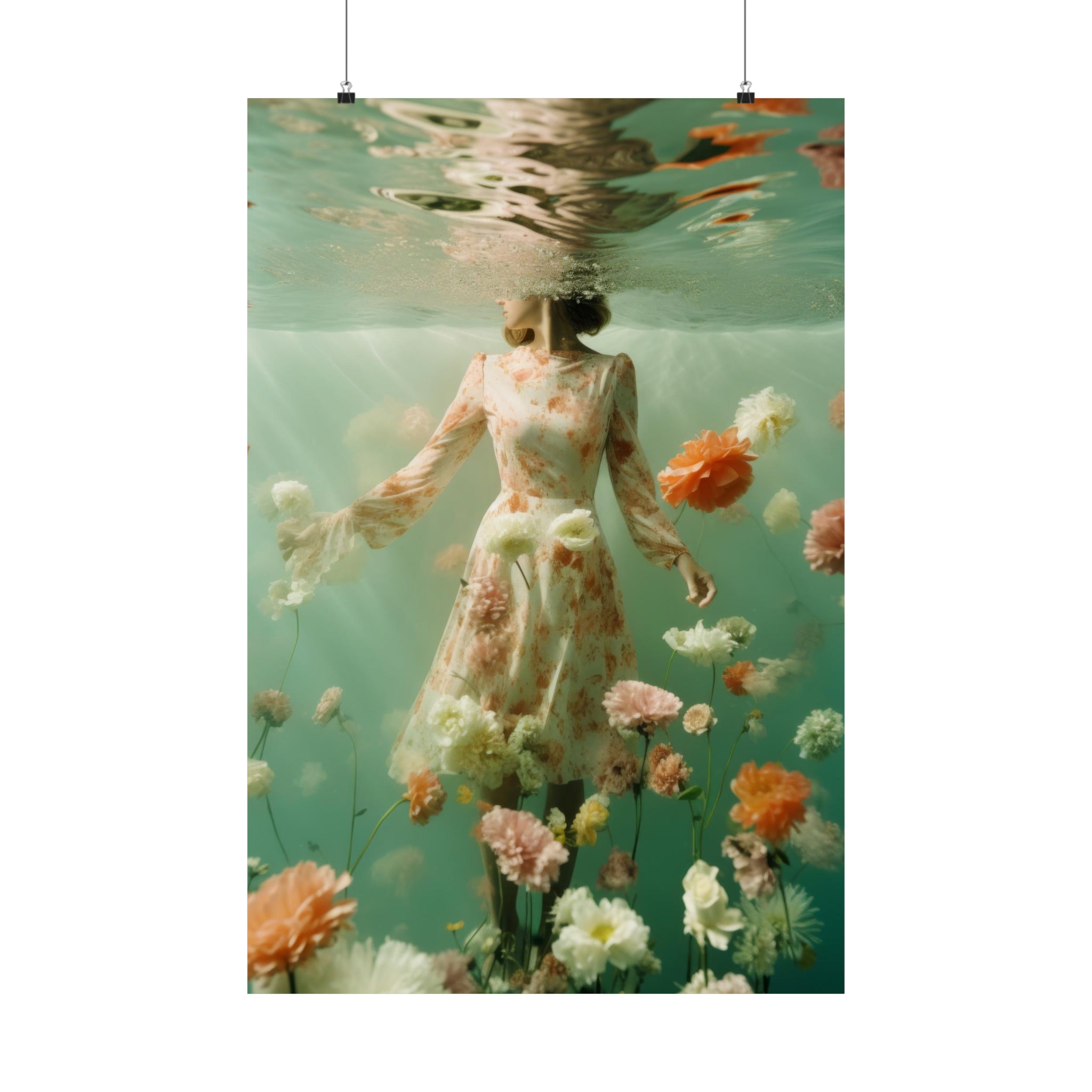 She Drifted poster by Printify, a large matte poster available in 3 sizes, features a woman in a floral dress submerged in water surrounded by flowers, creating an enchanting piece of wall art for your living room.