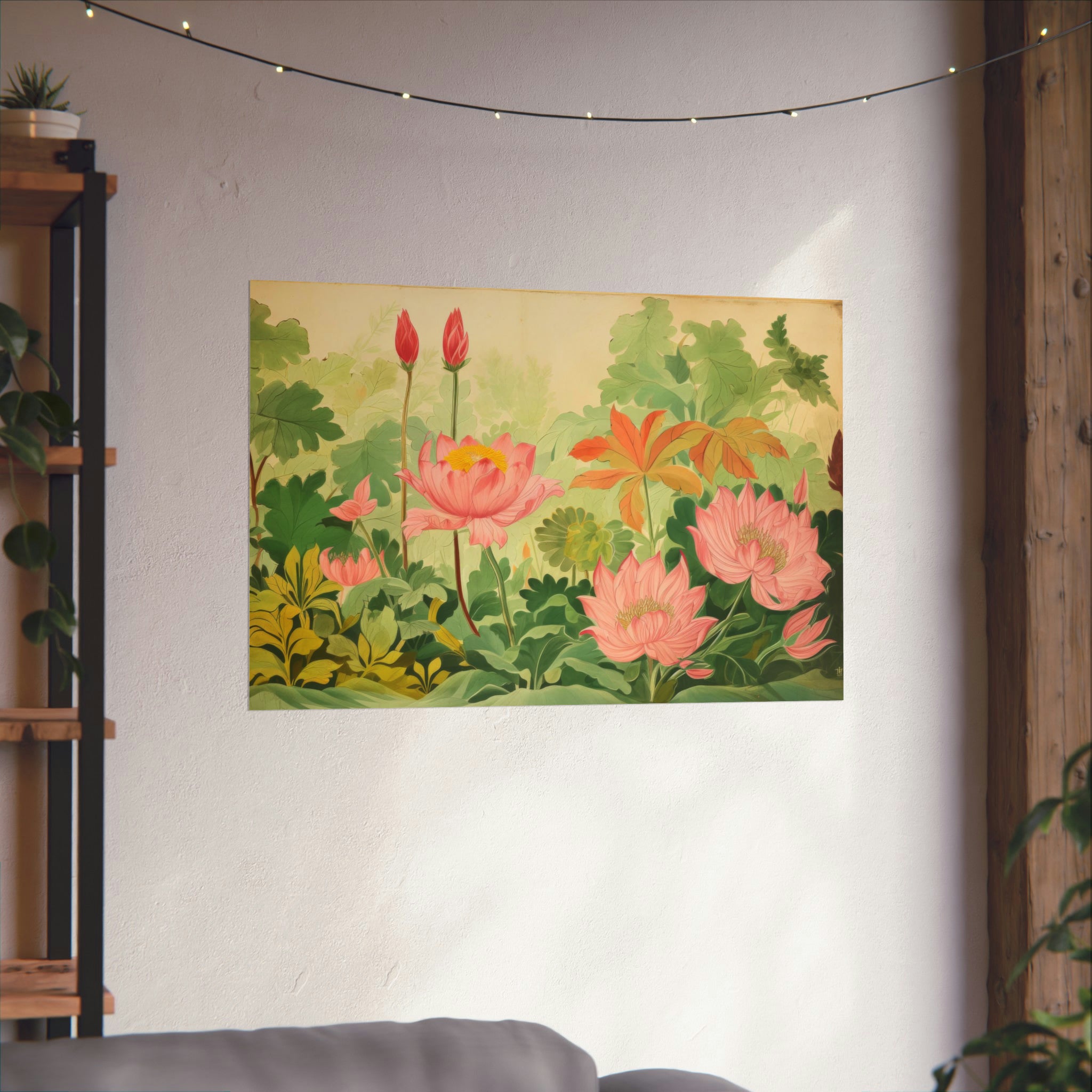 A Botanic Floor print featuring pink flowers is part of the wall decor, hanging beside a wooden shelf with plants.