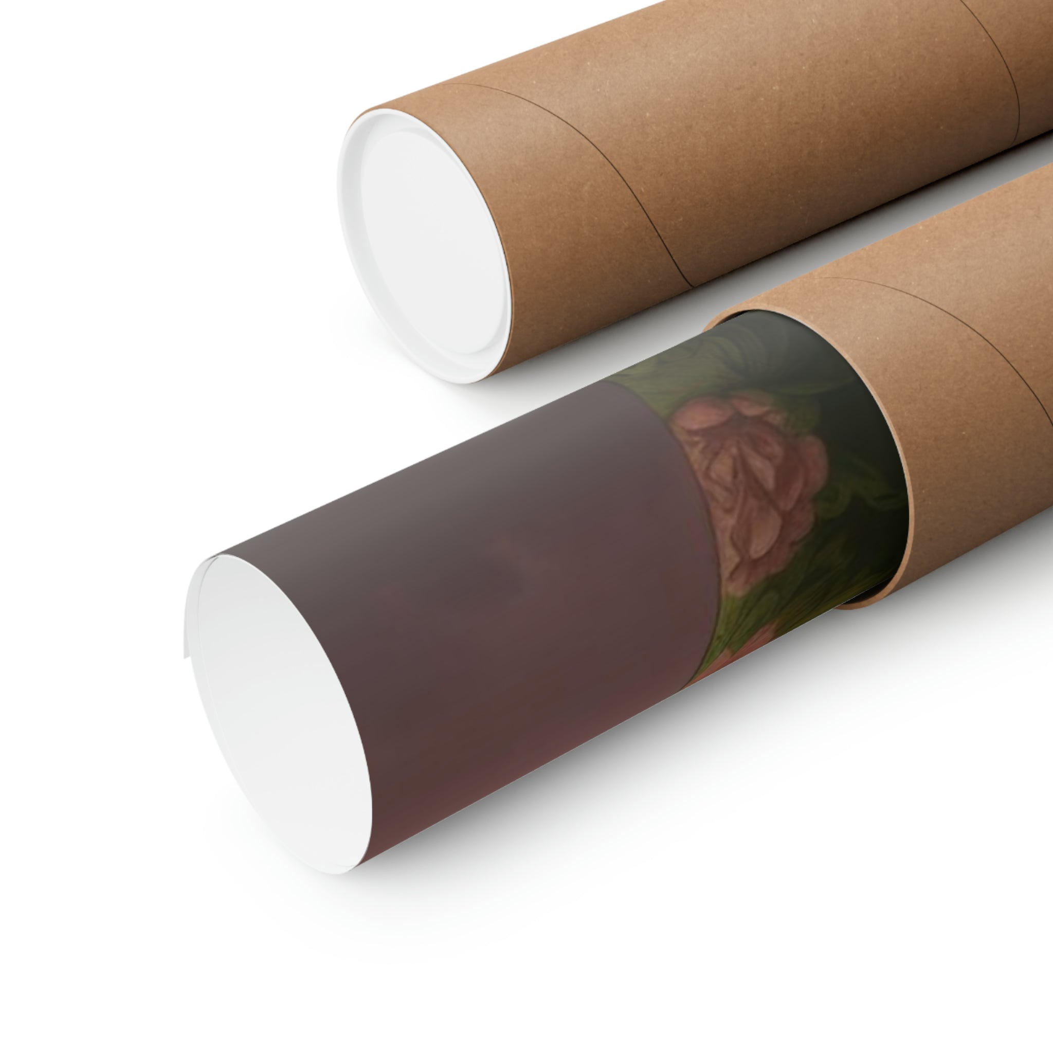 Art print partially sliding out of a Printify cardboard tube.