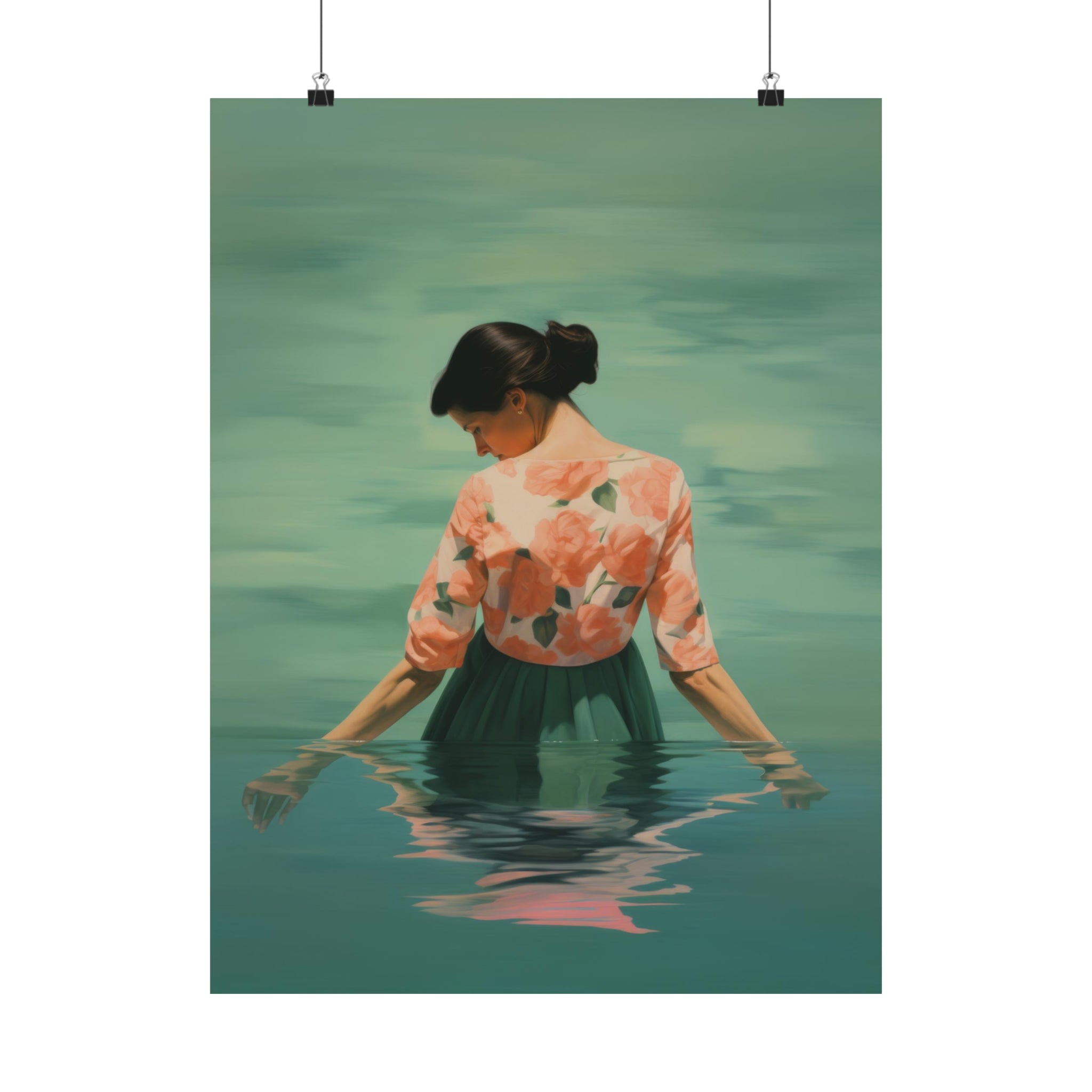 A painting of a woman standing in water, looking downwards, with her hands gently touching the surface, perfect as wall art for living room from Printify's Float Large Matte Poster in 3 sizes.