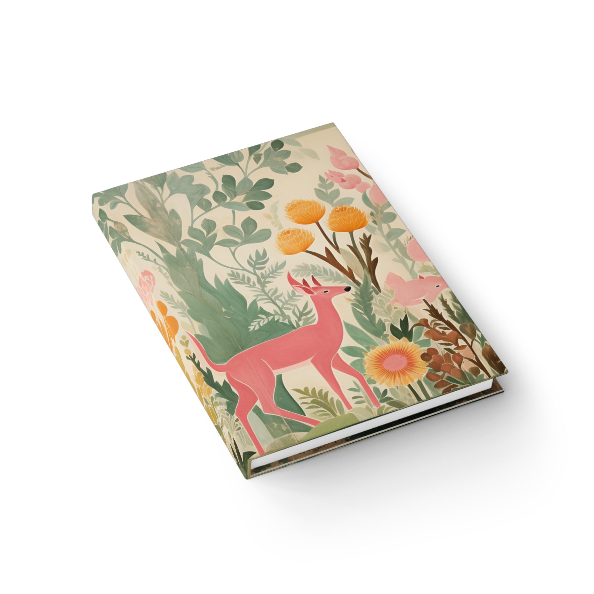 A high-quality Pink Deer Journal - Blank Pages with a deer and flowers on it made by Printify.