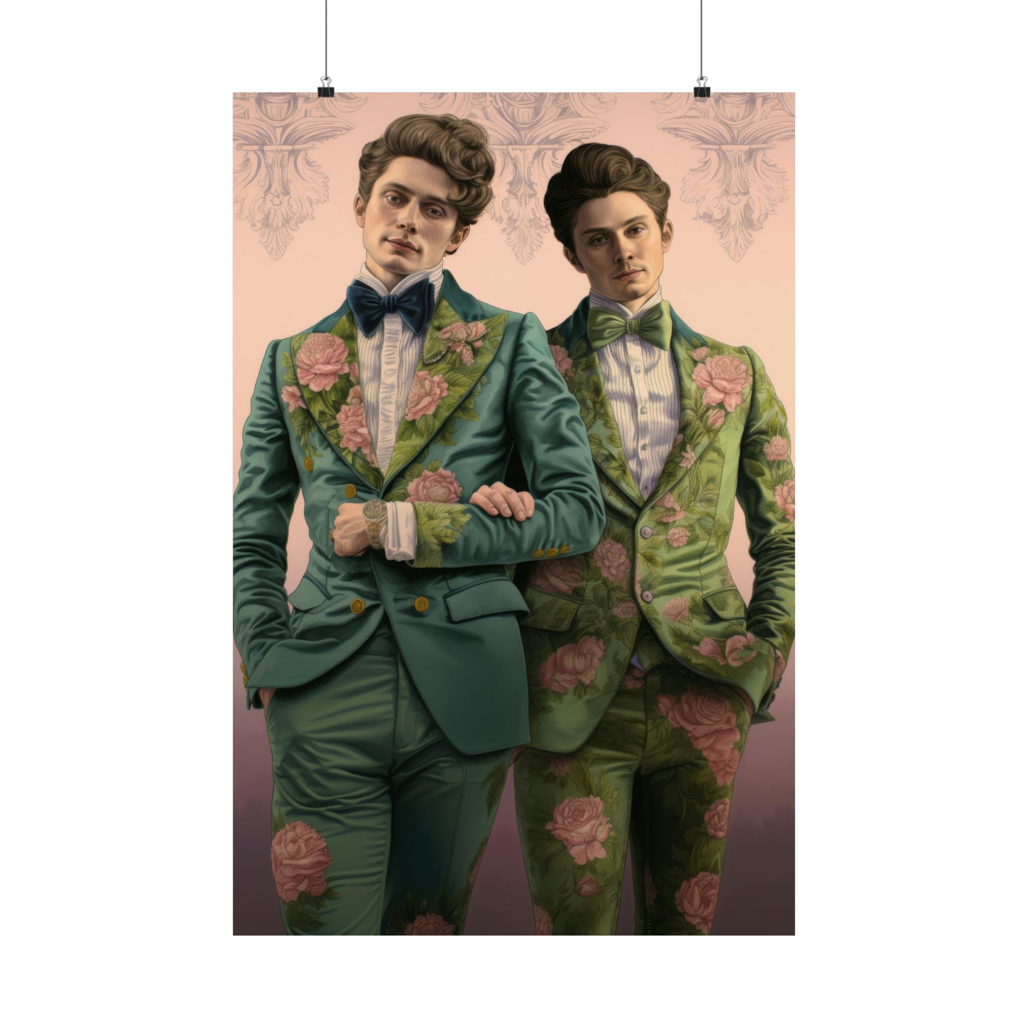 Two men in matching floral suits posing back-to-back, surrounded by walls adorned with vintage art featuring the Sense & Sensibility Large Matte Poster from Printify in 3 sizes.