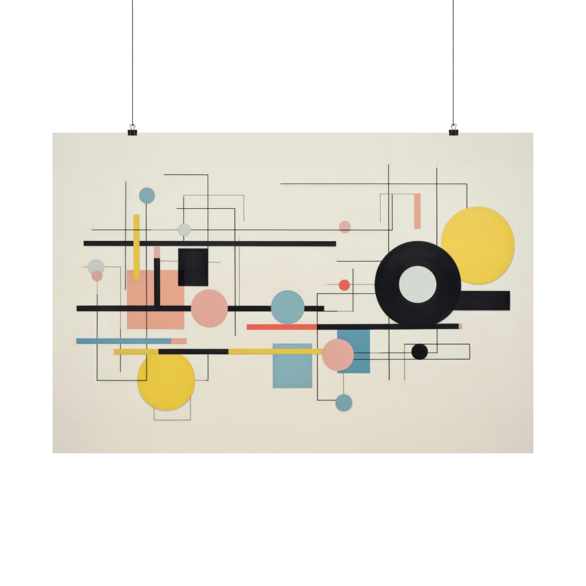 Abstract geometric composition with overlapping lines and colored shapes on a neutral background, displayed as the Shapes in Motion large matte poster by Printify.