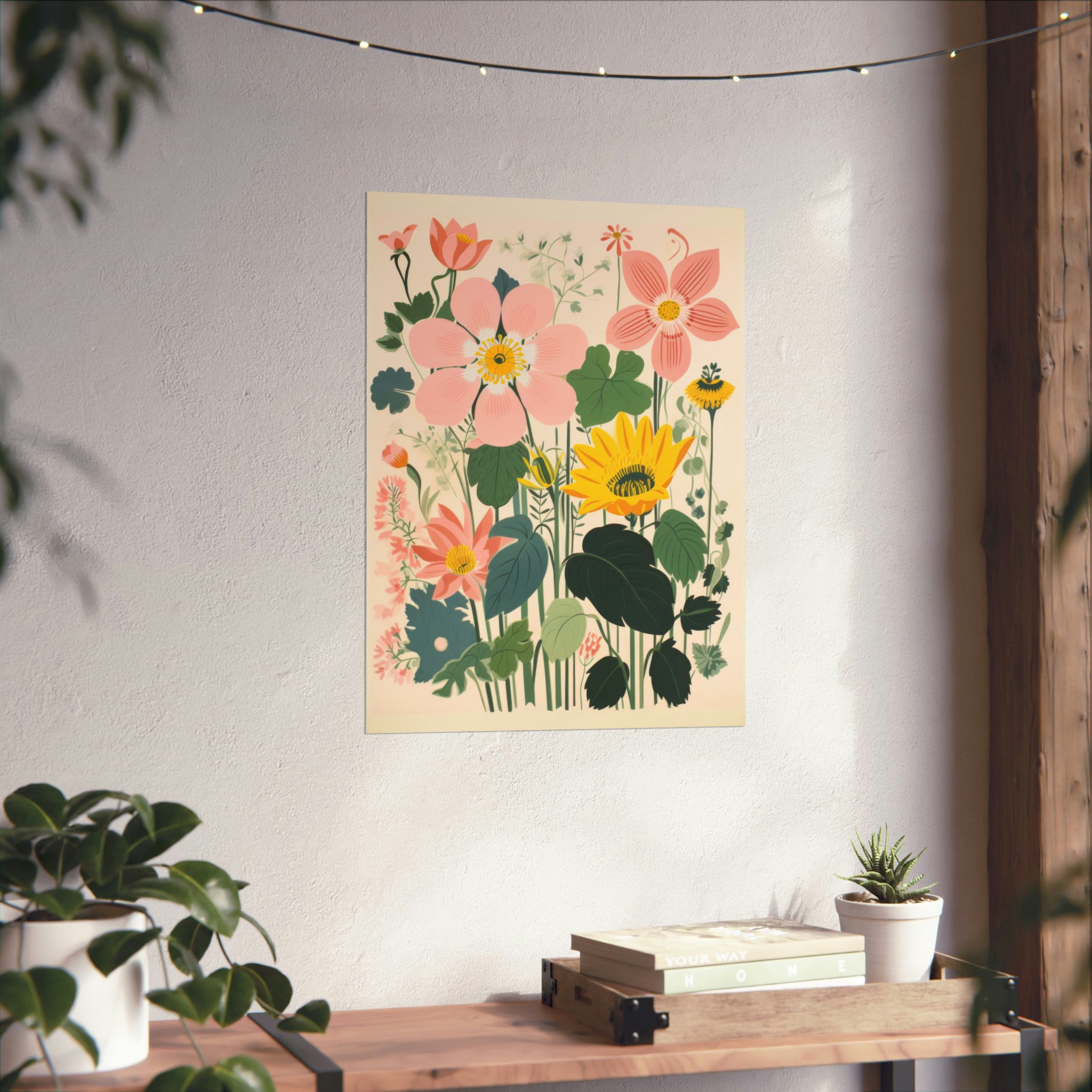 A Josephine's Garden poster, an example of vintage art, hanging on a wall above a wooden shelf with books and a small potted plant, with string lights above and plants on the left.