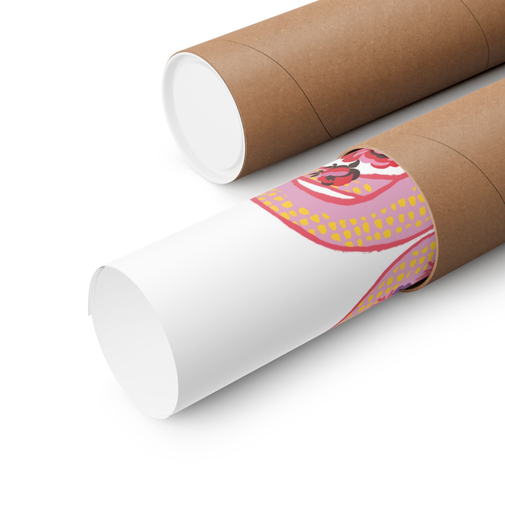 A rolled-up Printify "Snake with Roses" large matte poster featuring colorful patterns is partially inserted into a brown cardboard tube, with another closed tube beside it on a white background.