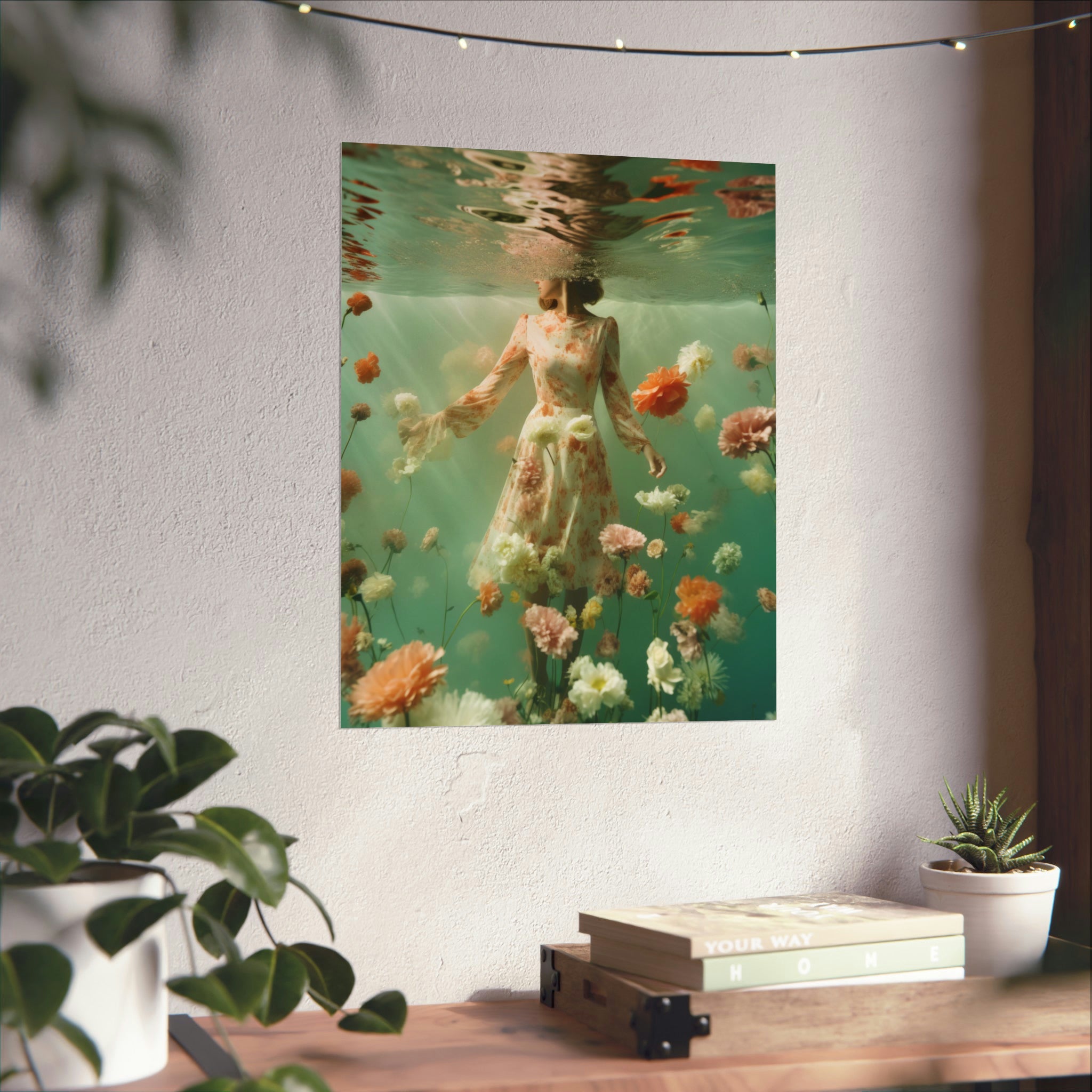 Sentence with replaced product:
A She Drifted poster of a woman suspended in water surrounded by flowers, a piece of vintage art, is displayed on a wall, adding an artistic touch to a cozy room with potted plants.