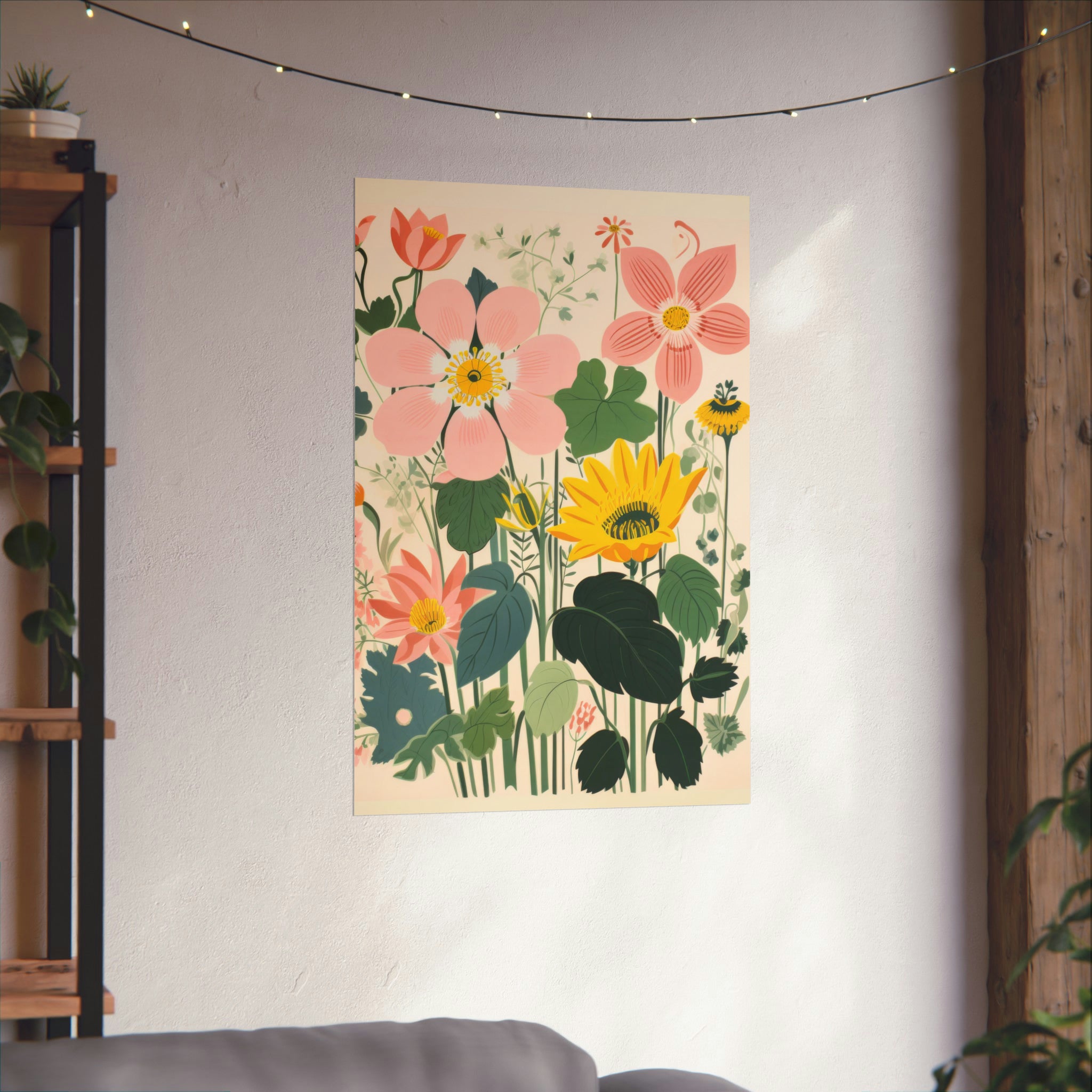 A Josephine's Garden poster by Printify, a piece of vintage art, with various colorful flowers hanging on a wall, illuminated by string lights with a plant shelf on the left and part of a sofa on the right.