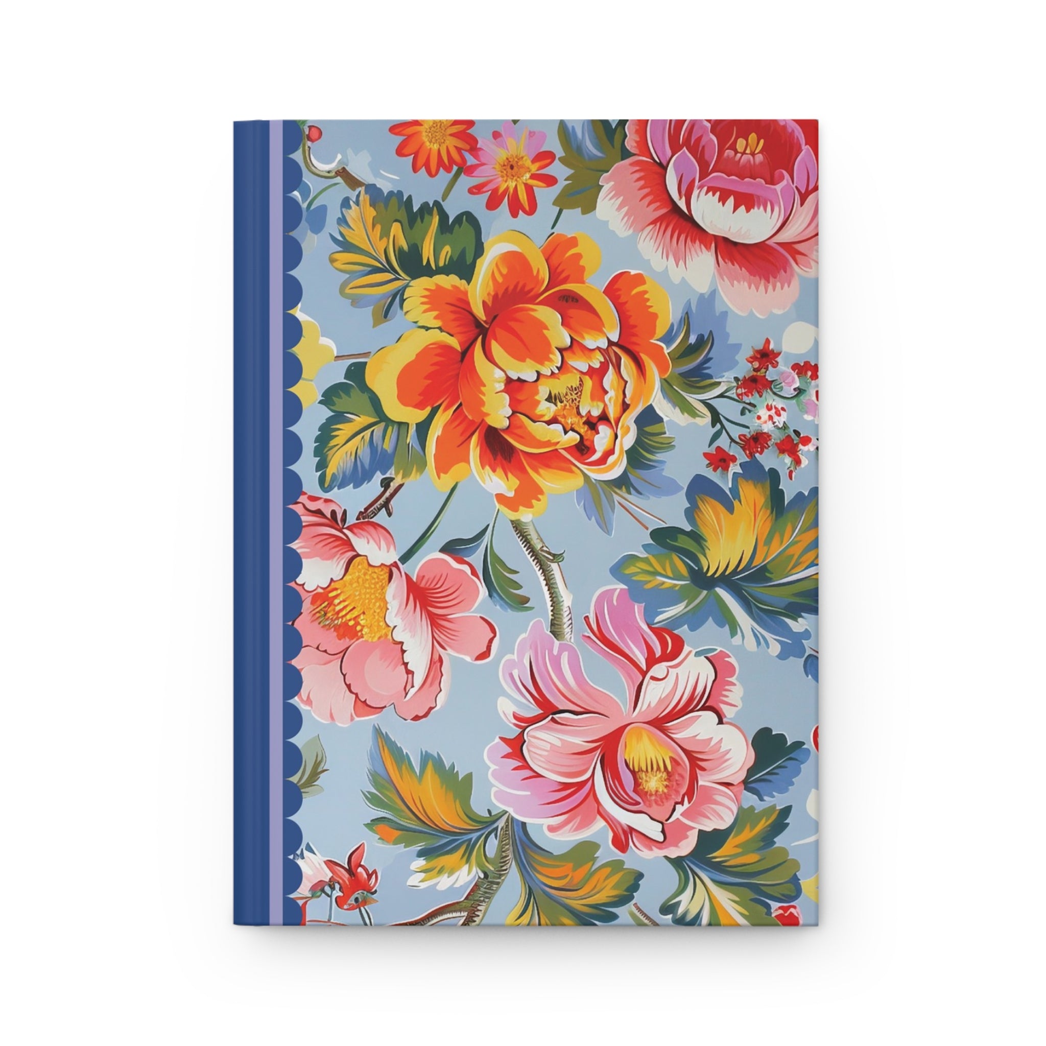 A Hardcover Journal Matte by Printify featuring 150 lined pages, with a blue spine and a cover showcasing vibrant red, orange, and pink flowers on a light blue background.