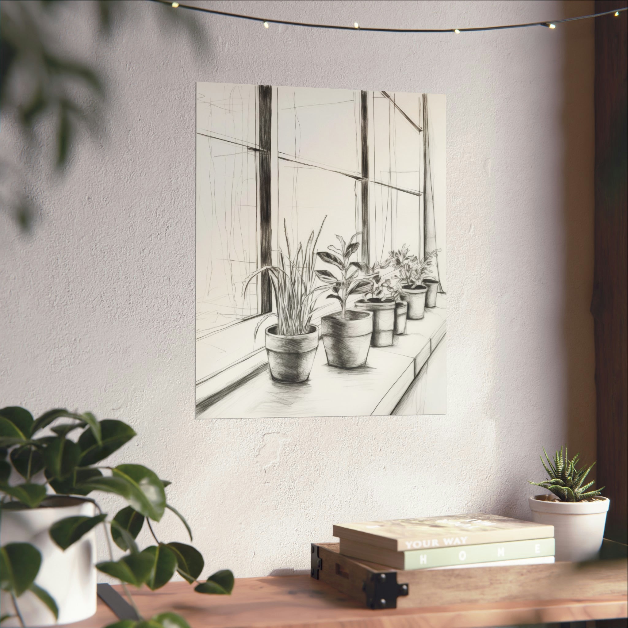 A monochrome art print of potted plants on a windowsill, displayed as wall decor in a cozy interior with string lights and a small potted plant nearby by The Sill | Large Matte Poster | 3 Sizes from Printify.