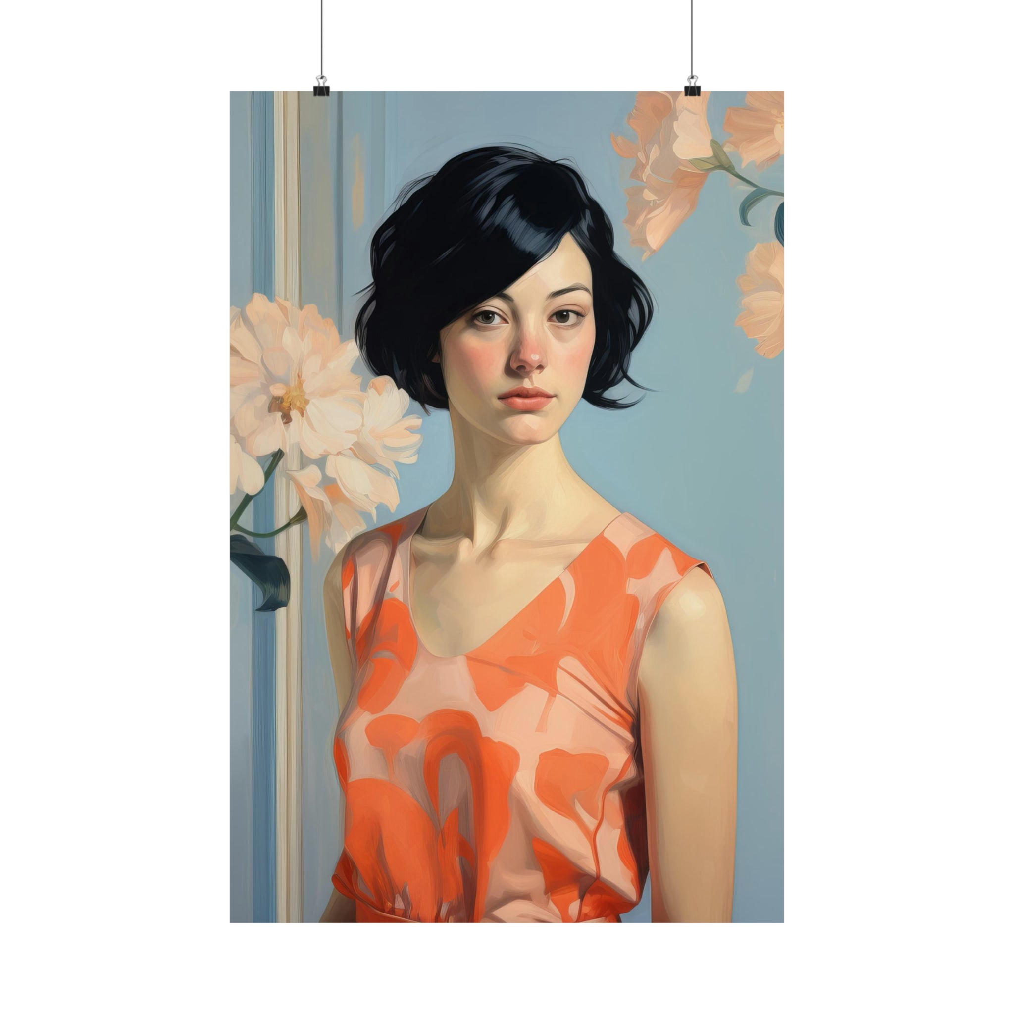 Young woman in a blue wall & orange dress against a backdrop with matching flowers, ideal for vintage art wall art for living room. The product is from Printify and is available in three sizes as a large matte poster.