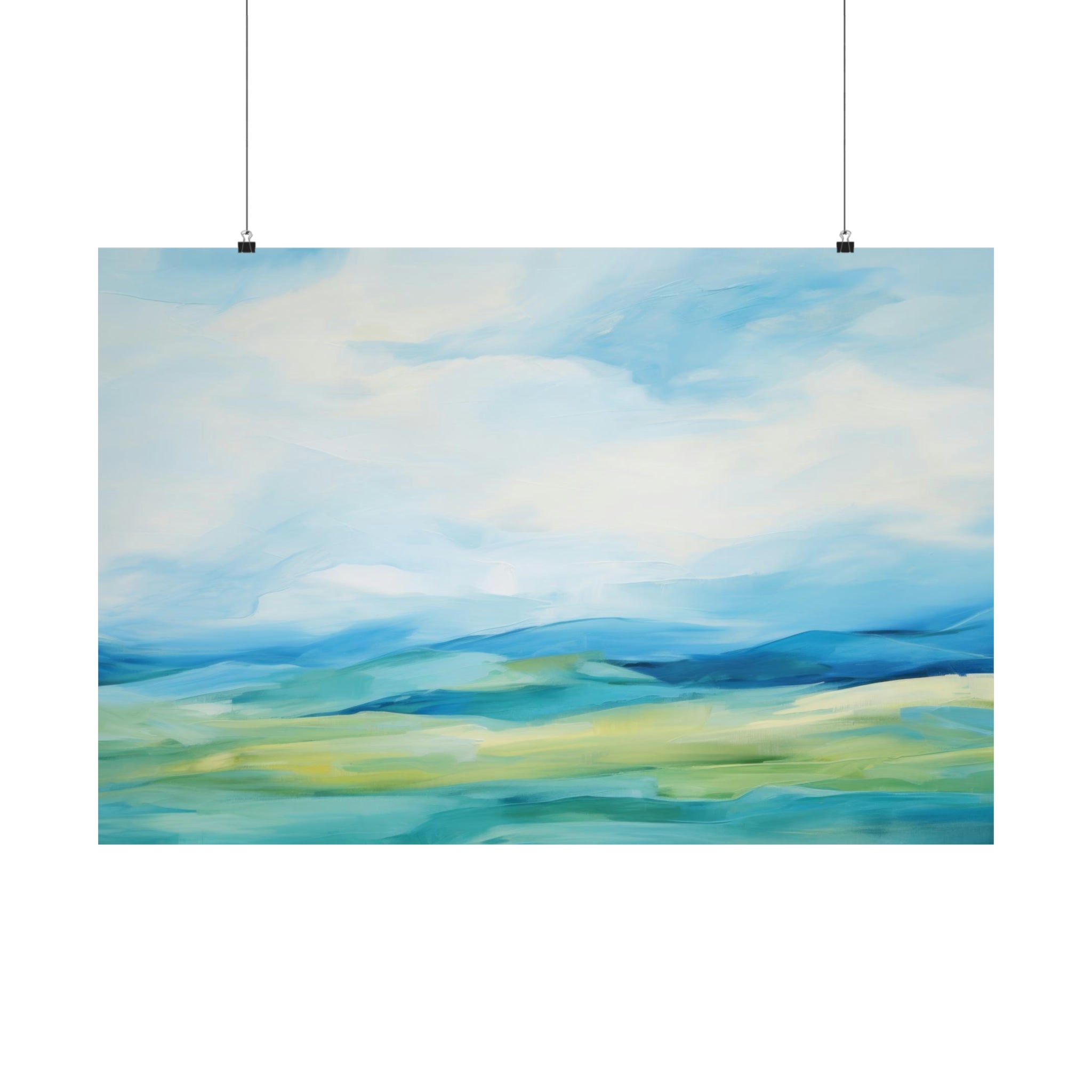 Distant Blues abstract landscape painting with blue skies and green fields, displayed as wall art for living room on a white wall. (Printify)