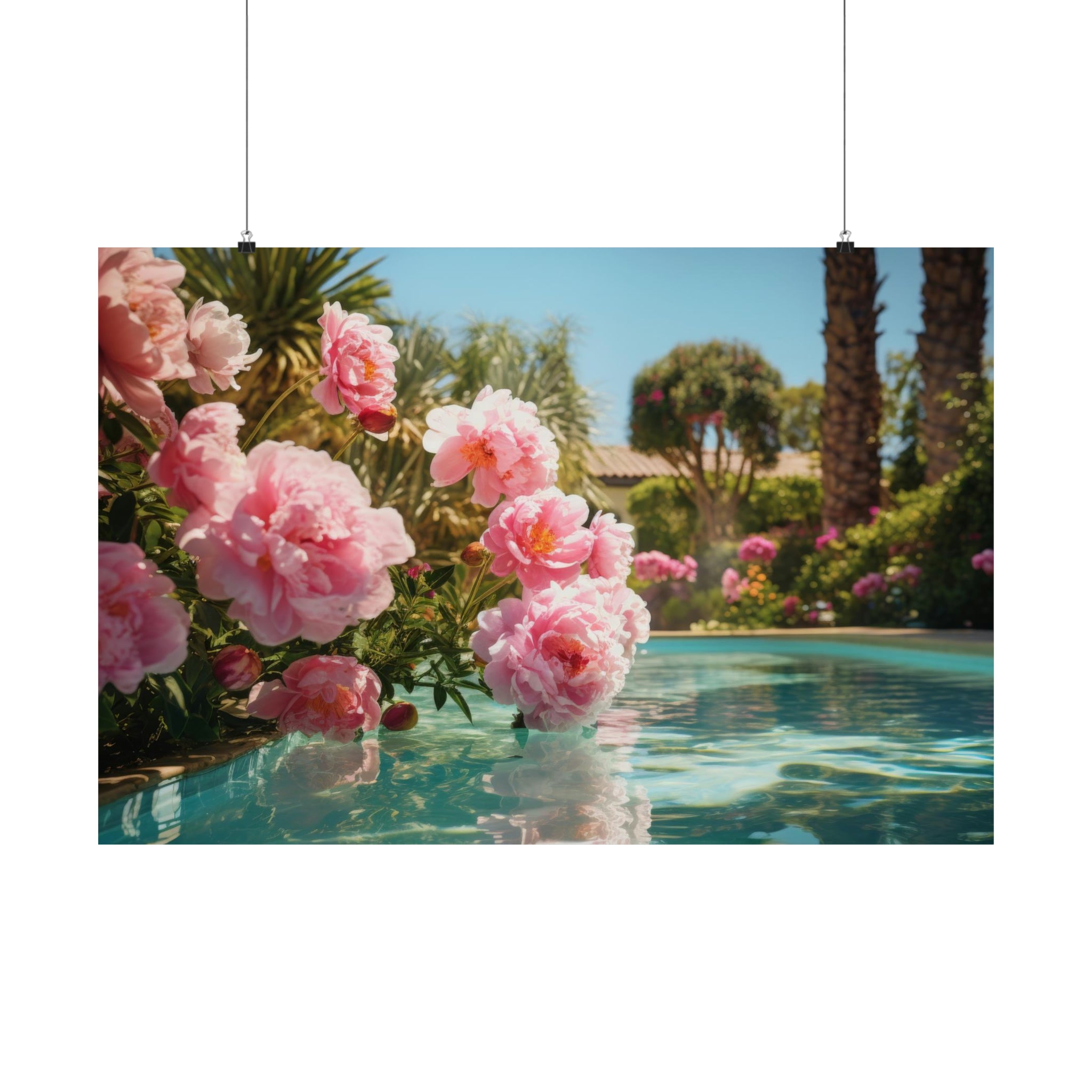 Pink flowers blooming near a tranquil swimming pool on a sunny day with palm trees in the background, perfect for Poolhouse Large Matte Poster by Printify in 3 Sizes.