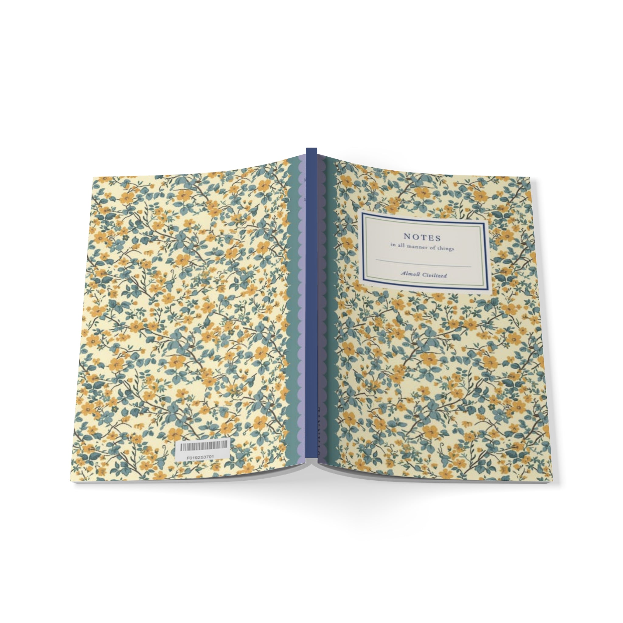 Open the Printify calico Softcover Notebook, A5 with a floral-patterned cover featuring yellow and green leaves on a beige background. The front cover has a label that reads "NOTES" in almost all shapes. This lined paper notebook is perfect for jotting down your thoughts or plans.