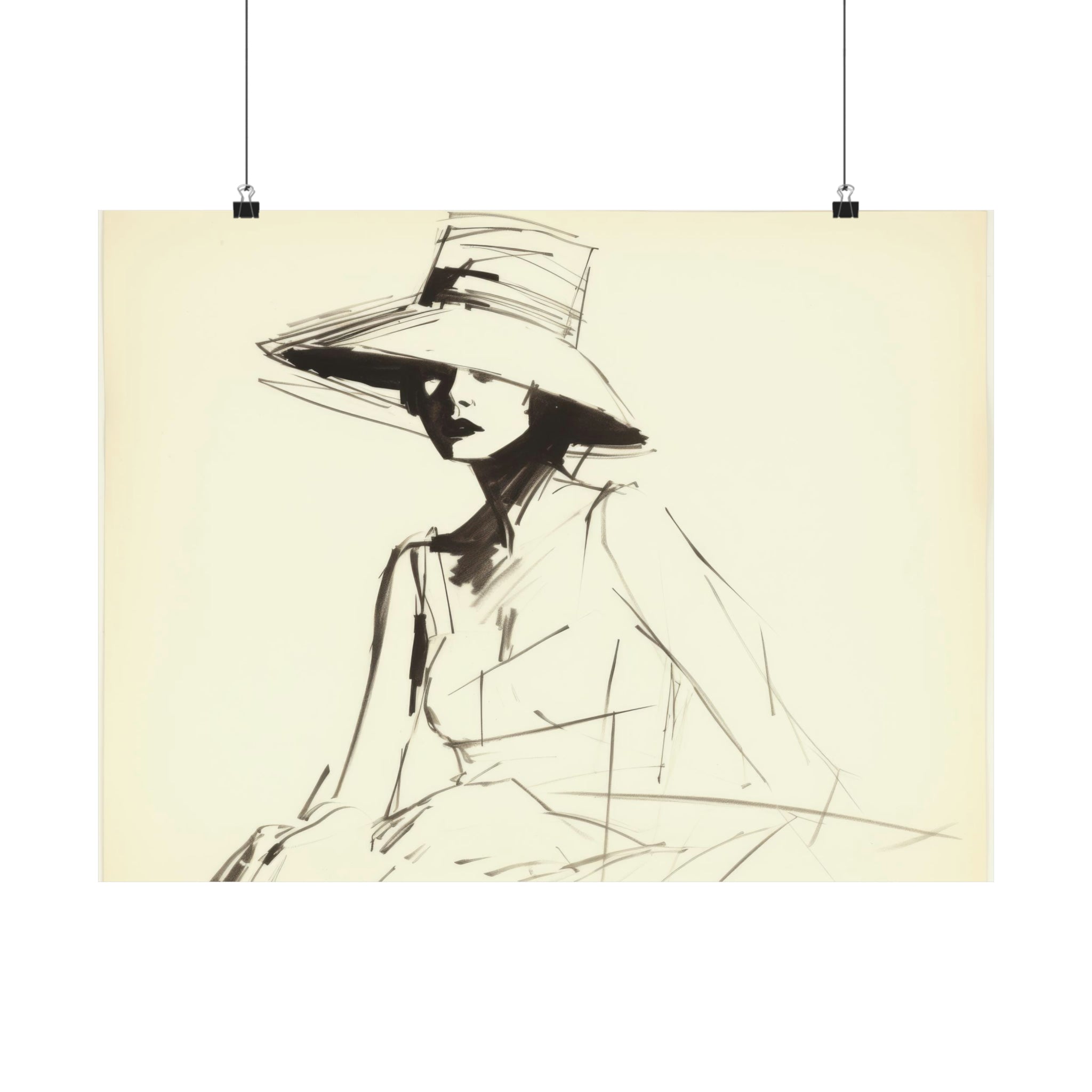 Minimalist sketch of a woman donning a wide-brimmed hat, displayed as vintage wall decor by Printify's Fashion Sketch | Large Matte Poster in 3 Sizes.