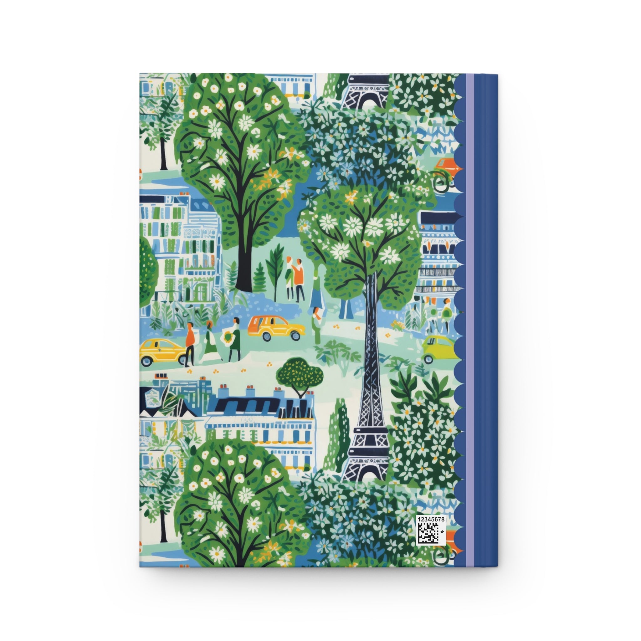 An illustrated notebook cover features Parisian landmarks, including the Eiffel Tower, trees, buildings, and pedestrians, in a vibrant green, blue, and yellow color scheme. This customizable Printify Hardcover Journal Matte is perfect for capturing your thoughts on its lined pages.