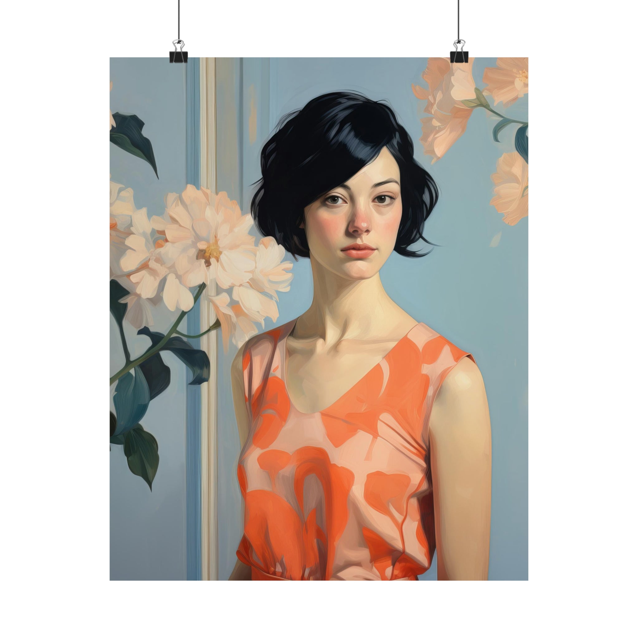 Woman with dark hair in a vintage art floral dress standing before a background of matching flowers, perfect for wall decor featuring the Blue Wall & Orange Dress Large Matte Poster in 3 Sizes by Printify.