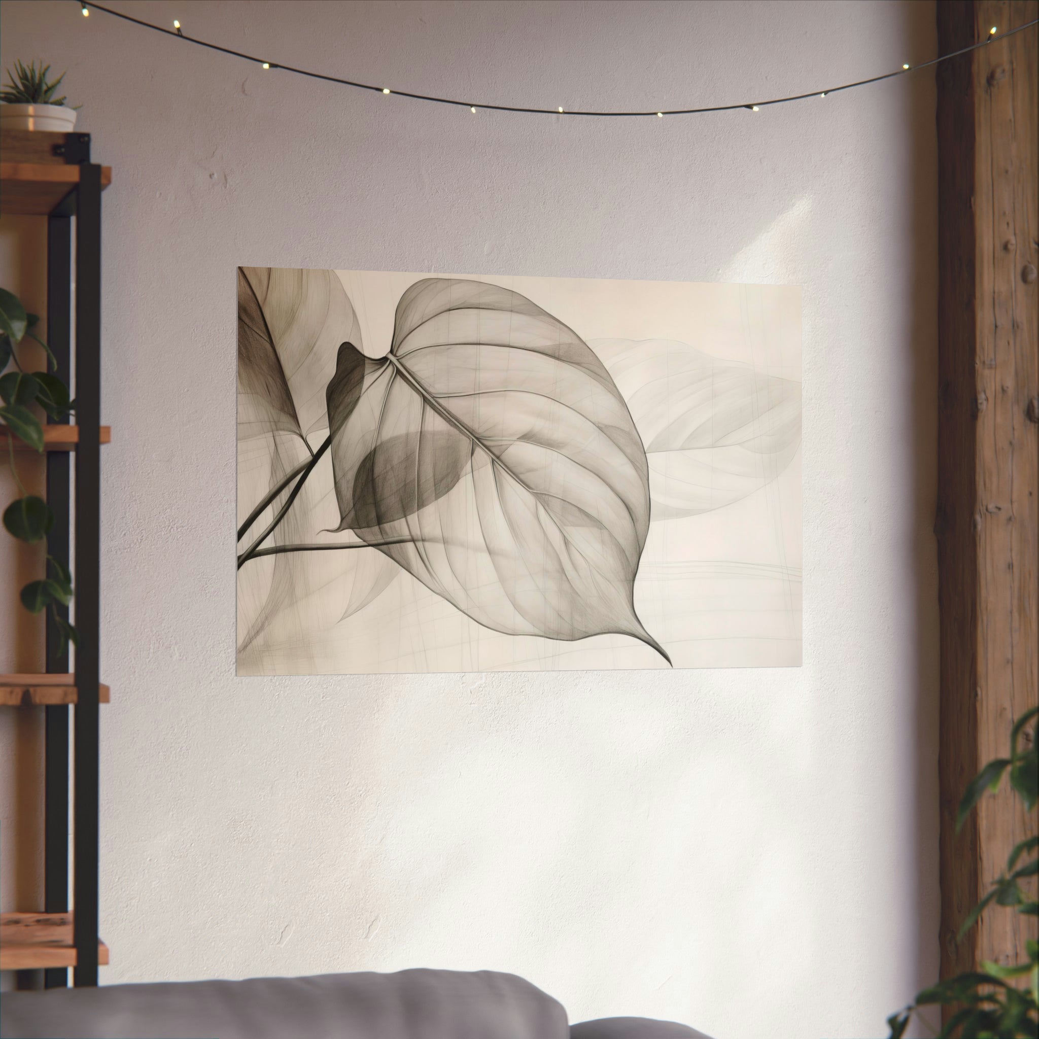 Monochrome leaf artwork printed on museum-grade paper, displayed above a bed in a cozy room with ambient lighting from Printify's Leaves Large Matte Poster available in 3 sizes.