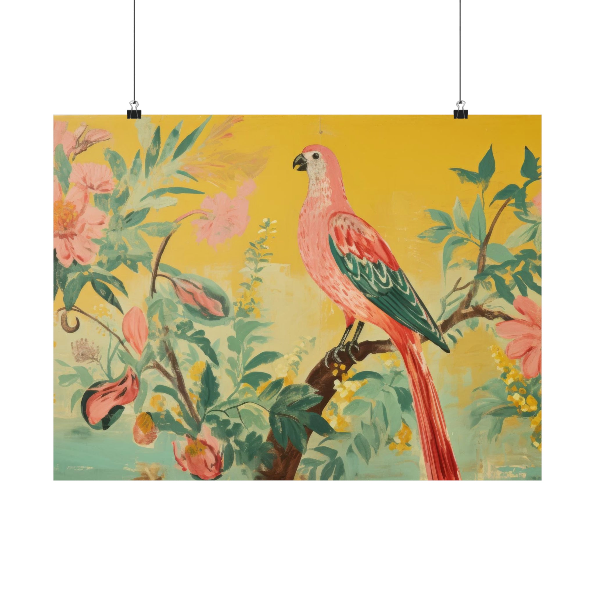 A colorful Vintage Parrot art piece of a bird perched in a floral environment, displayed as wall art for the living room from Printify.