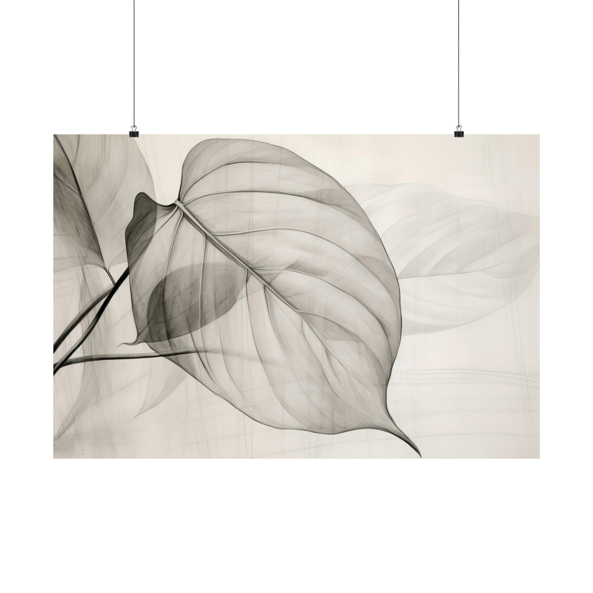 Black and white x-ray image of leaves with visible veins and structures, printed by Printify on museum-grade paper as a Large Matte Poster in 3 Sizes, displayed against a white background.