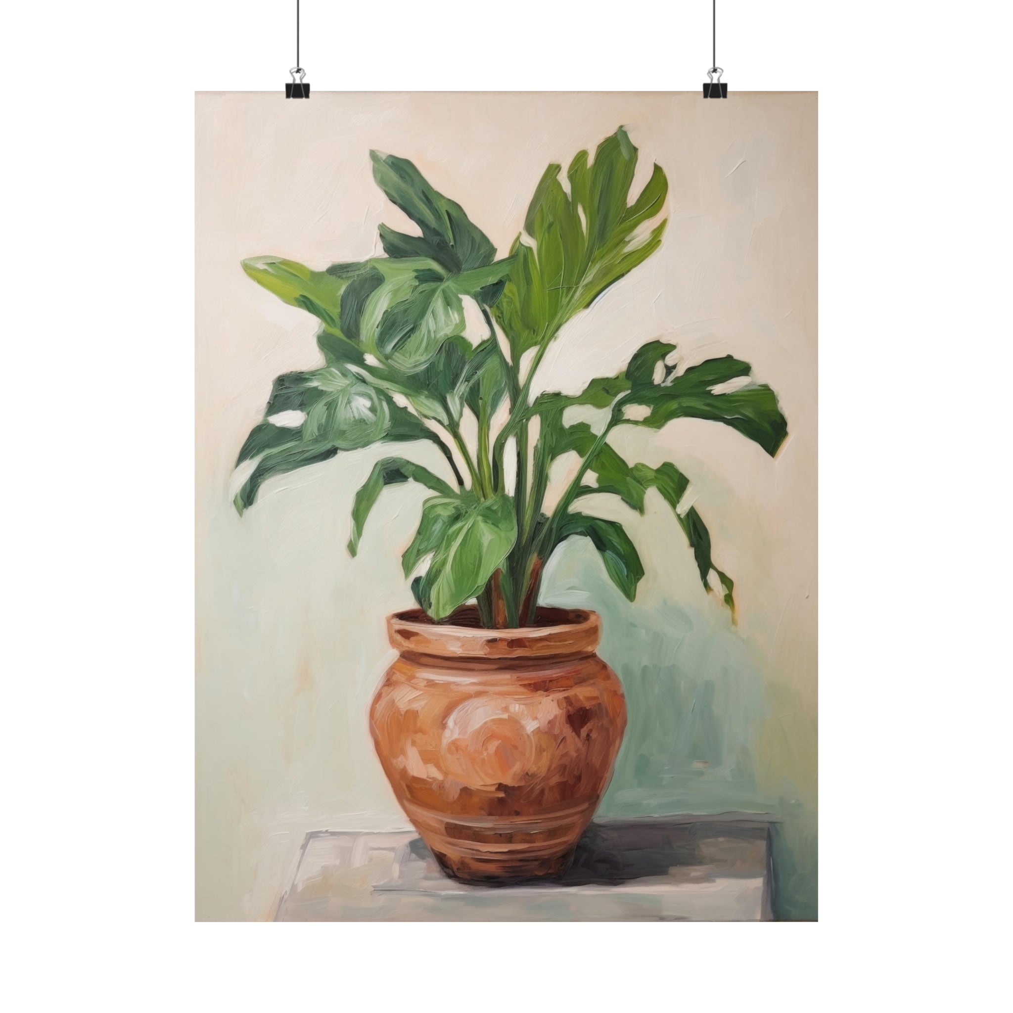 Vintage art of a potted plant with broad leaves displayed on walls. 

Product Name: Quiet and Still | Large Matte Poster | 3 Sizes 
Brand Name: Printify