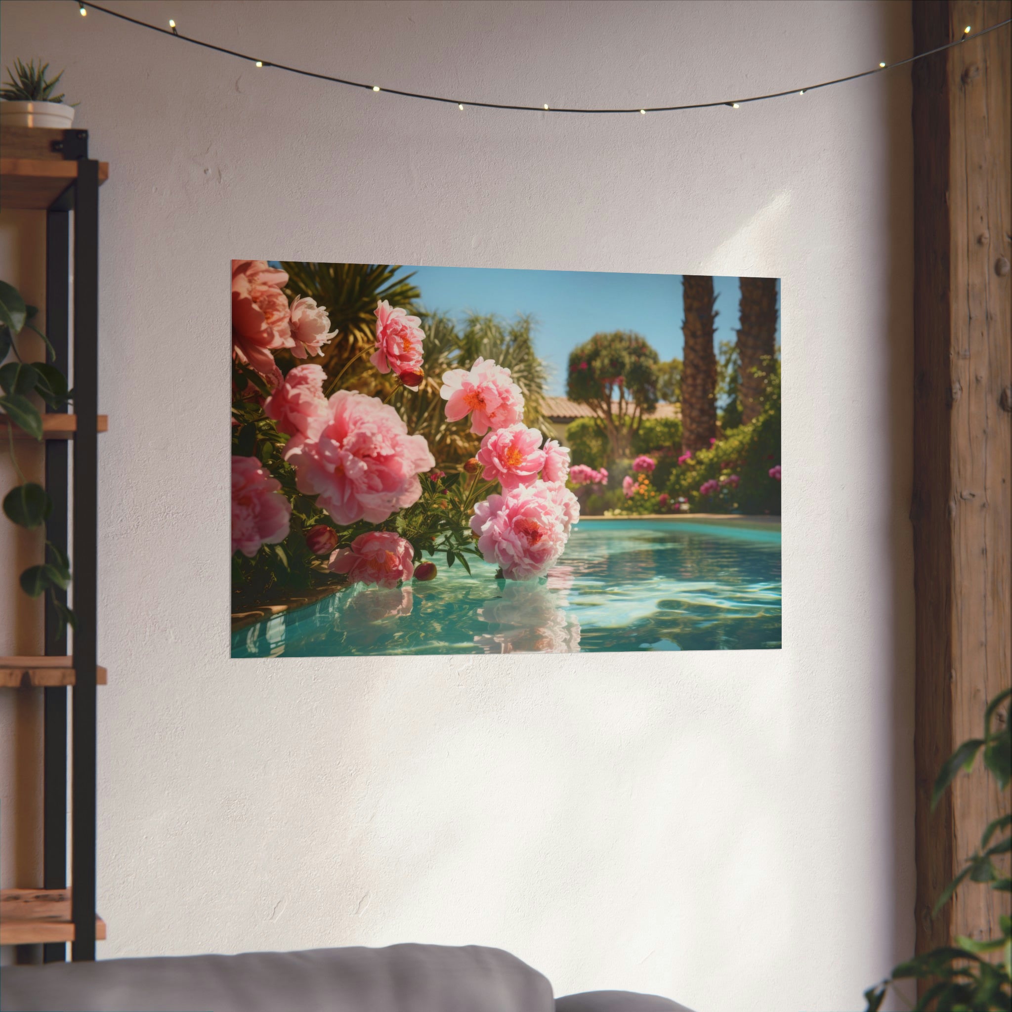 A serene interior space featuring a sofa and a Poolhouse large matte poster of blooming pink flowers by a pool, by Printify.