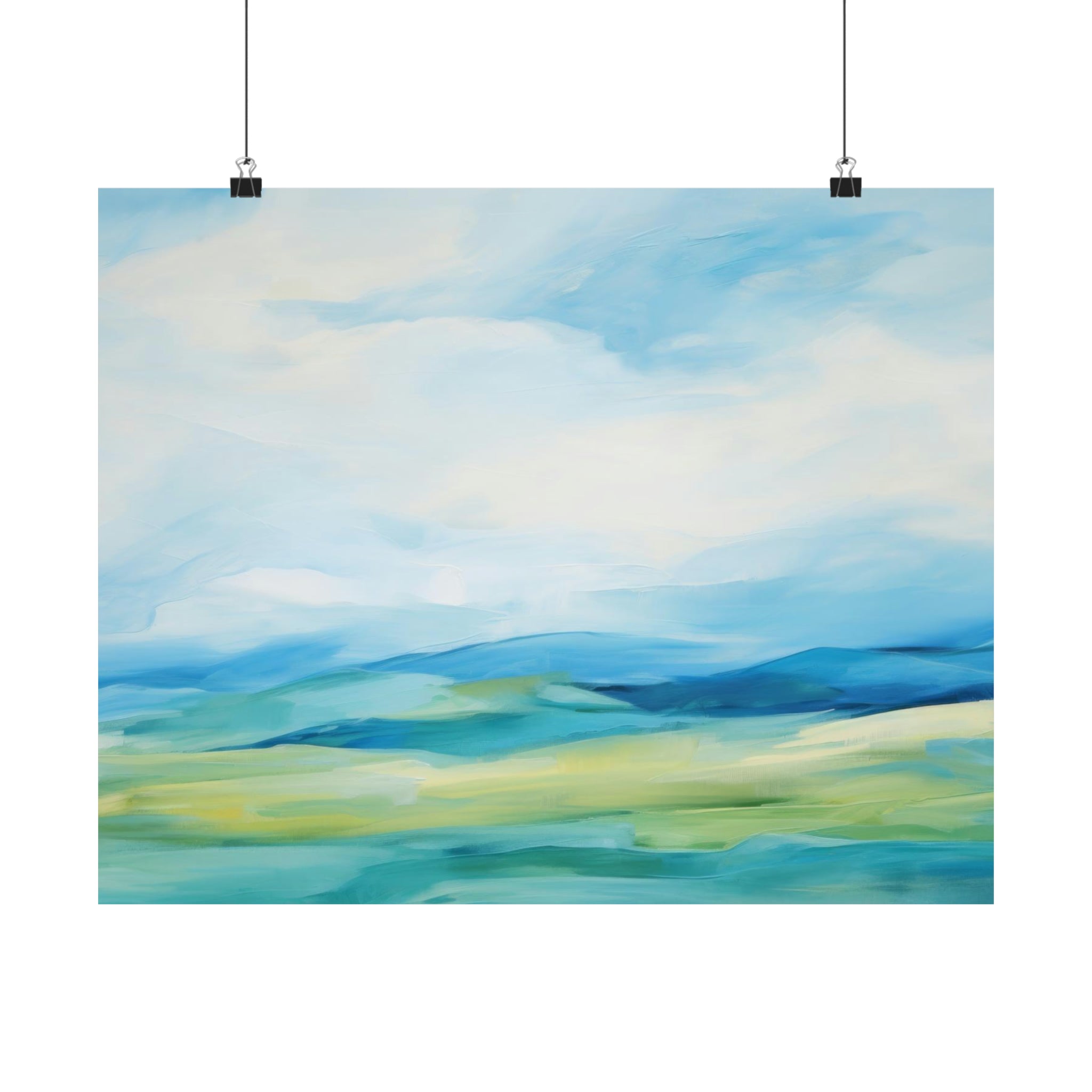 Abstract landscape art prints with Distant Blues from Printify displayed as wall decor on a white wall.