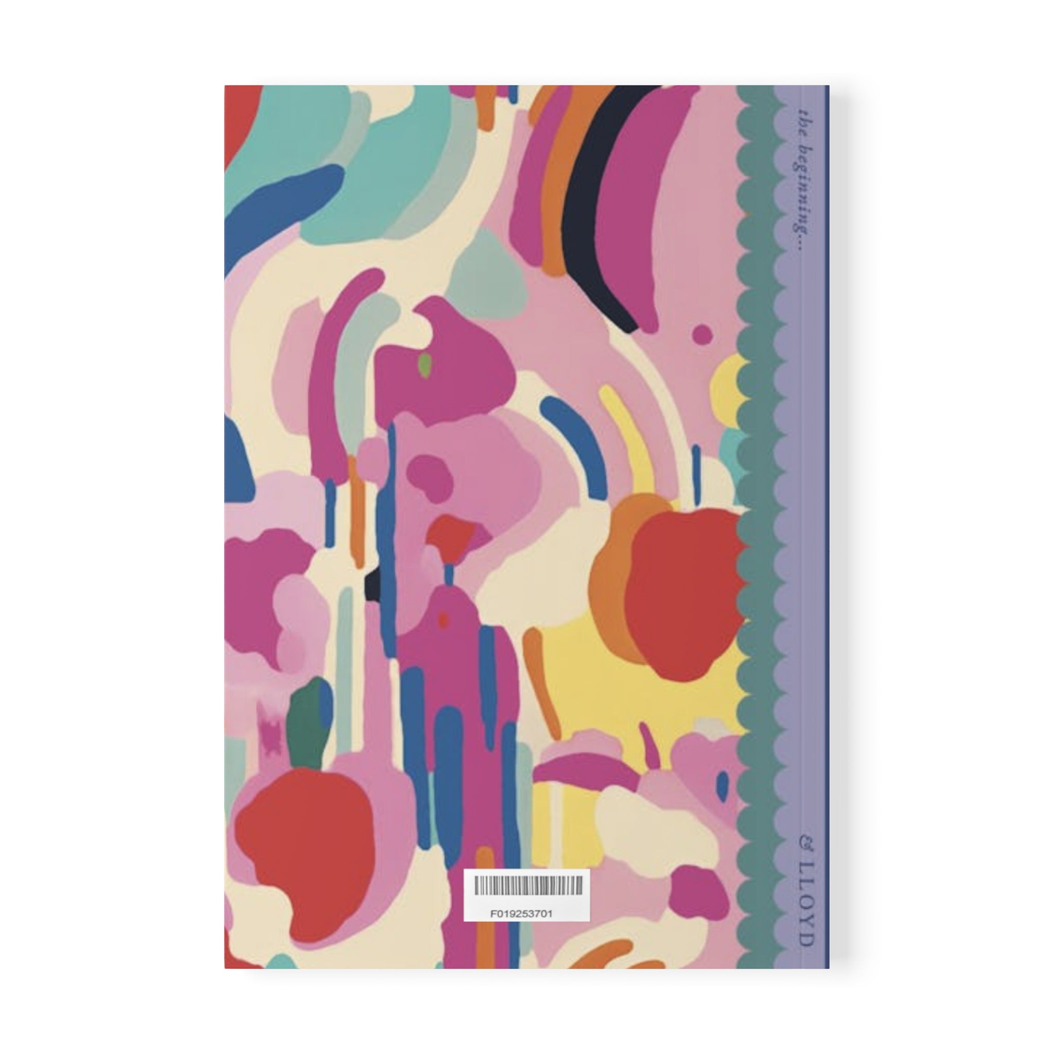 A customizable abstract Softcover Notebook, A5 with a colorful abstract cover design, featuring curved shapes in various hues of pink, blue, yellow, and purple. The gray spine with a scalloped edge adds elegance while the 90gsm lined paper ensures smooth writing. The text "el LLOYD" is prominently displayed from Printify.