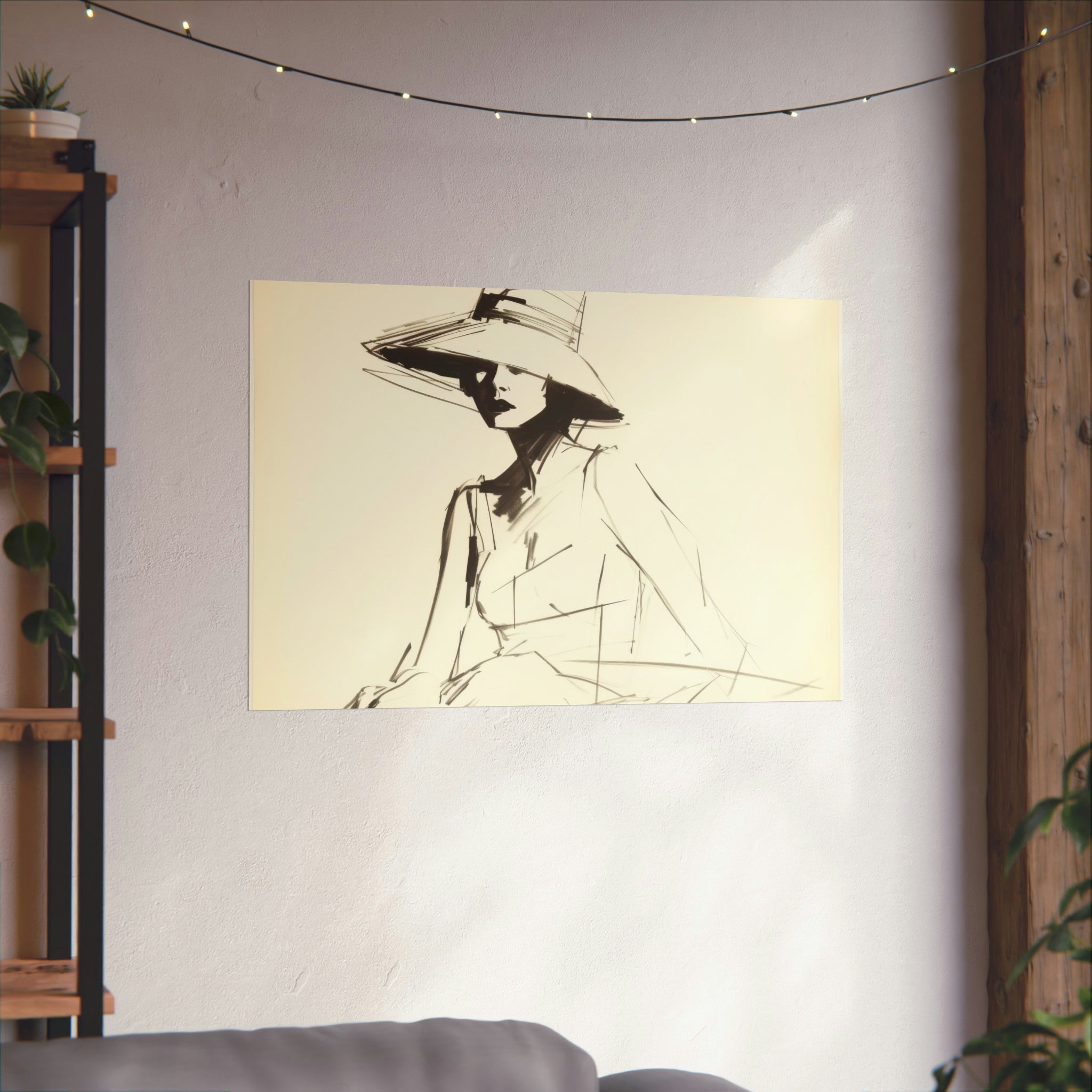 A vintage art portrait of a person wearing a broad-brimmed hat, displayed as wall decor in a cozy room setting featuring the Fashion Sketch by Printify.