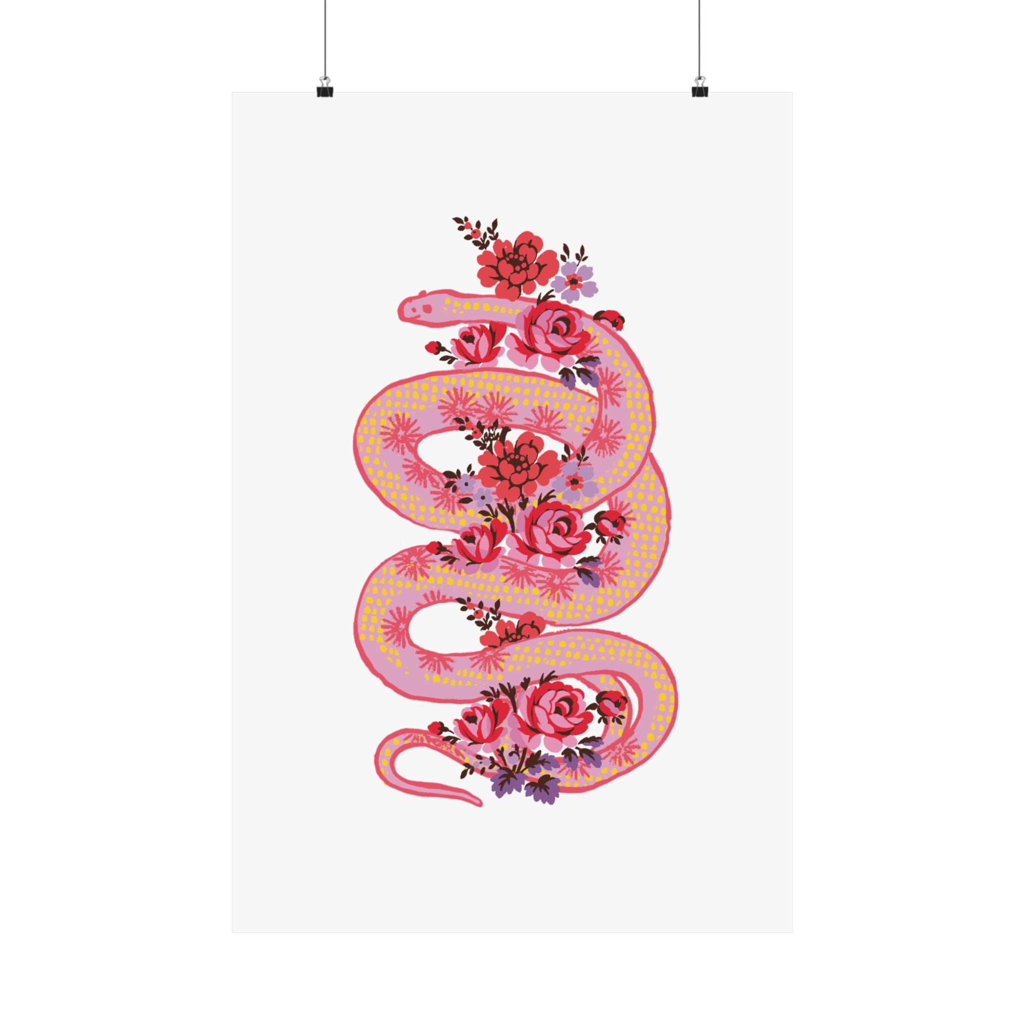 Printify’s ‘Snake with Roses’ poster features a pink and yellow snake intertwined with red and pink flowers on white, printed on museum-grade archival matte paper. Available in 7 large sizes.