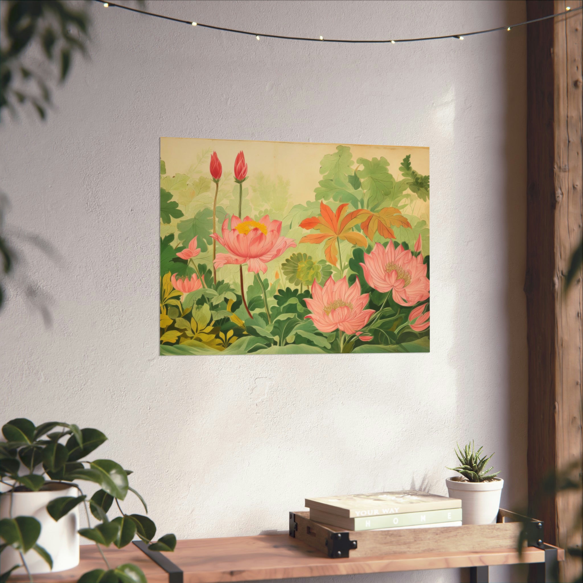 A Printify Botanic Floor Large Matte Poster in 3 sizes hangs on a pale wall above a wooden shelf adorned with houseplants.