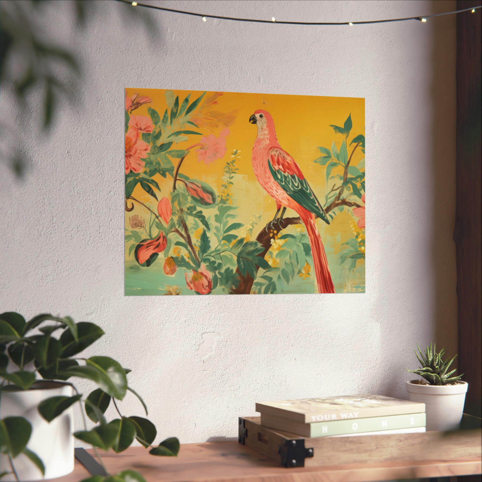 A colorful Vintage Parrot poster, a piece of vintage art, on a beige wall in a cozy room with plants. Made by Printify.