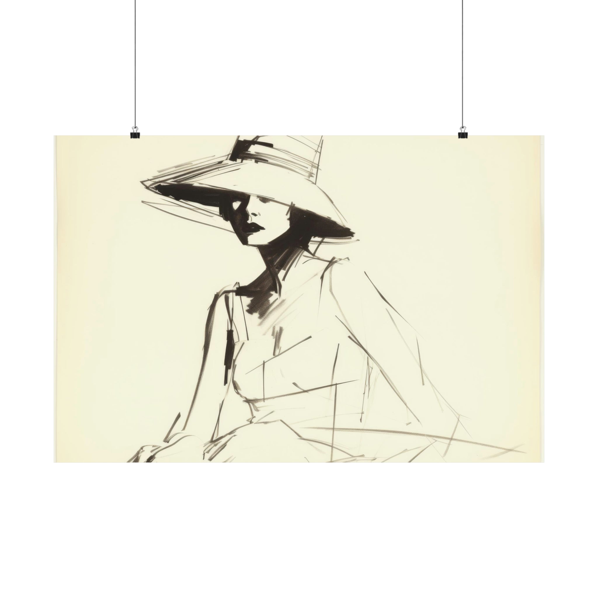 Fashion Sketch wall art for living room of a woman in a wide-brimmed hat and chic attire by Printify.