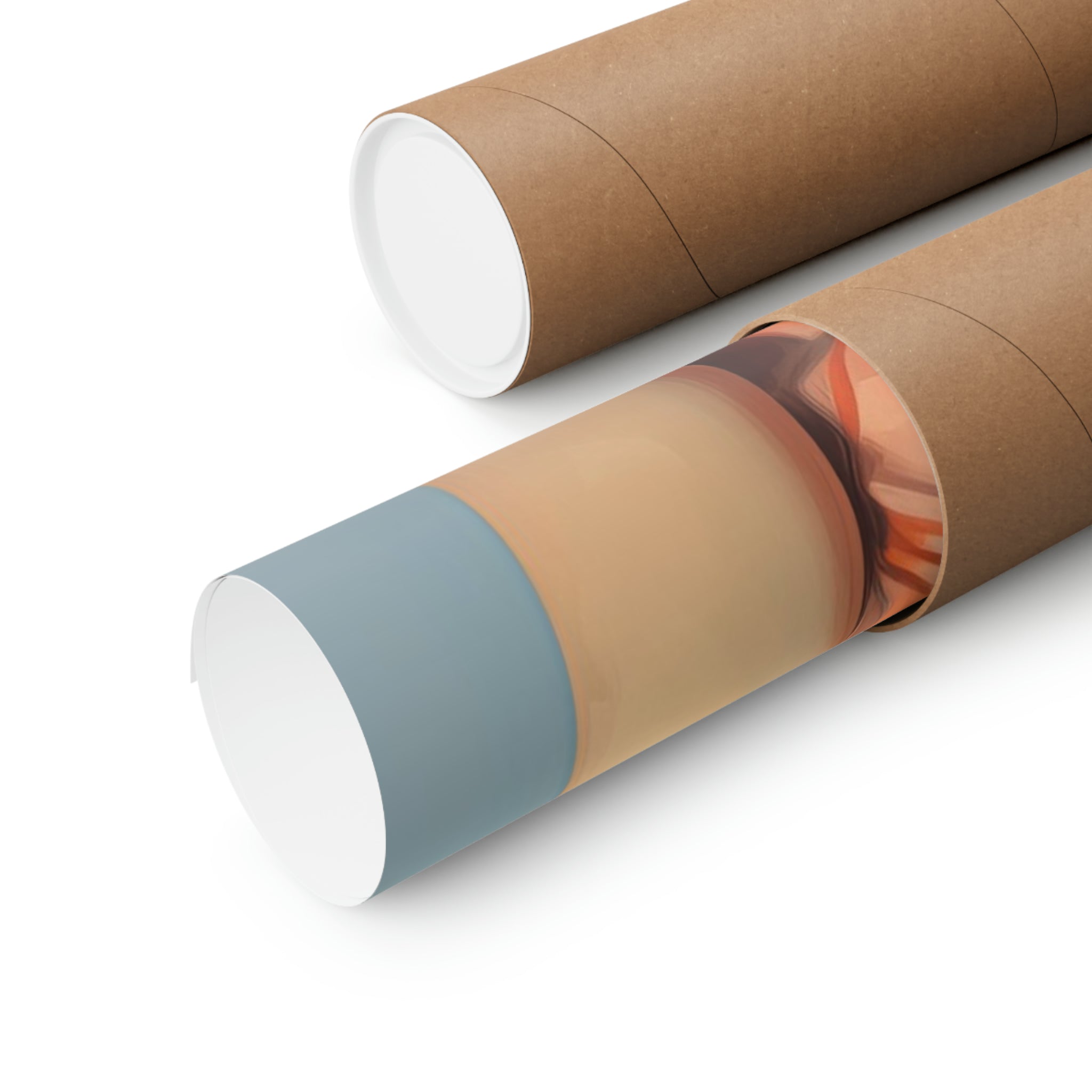 Two Blue Wall & Orange Dress posters rolled up in Printify cardboard tubes with one partially unrolled to reveal an abstract design, perfect as wall art for living room.