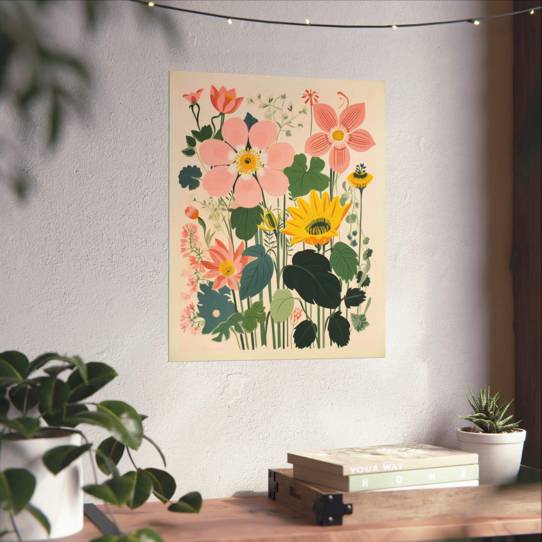 Wall art for living room on a wall above a small wooden table with plants and art prints, featuring the "Josephine's Garden" large matte poster in 3 sizes by Printify.