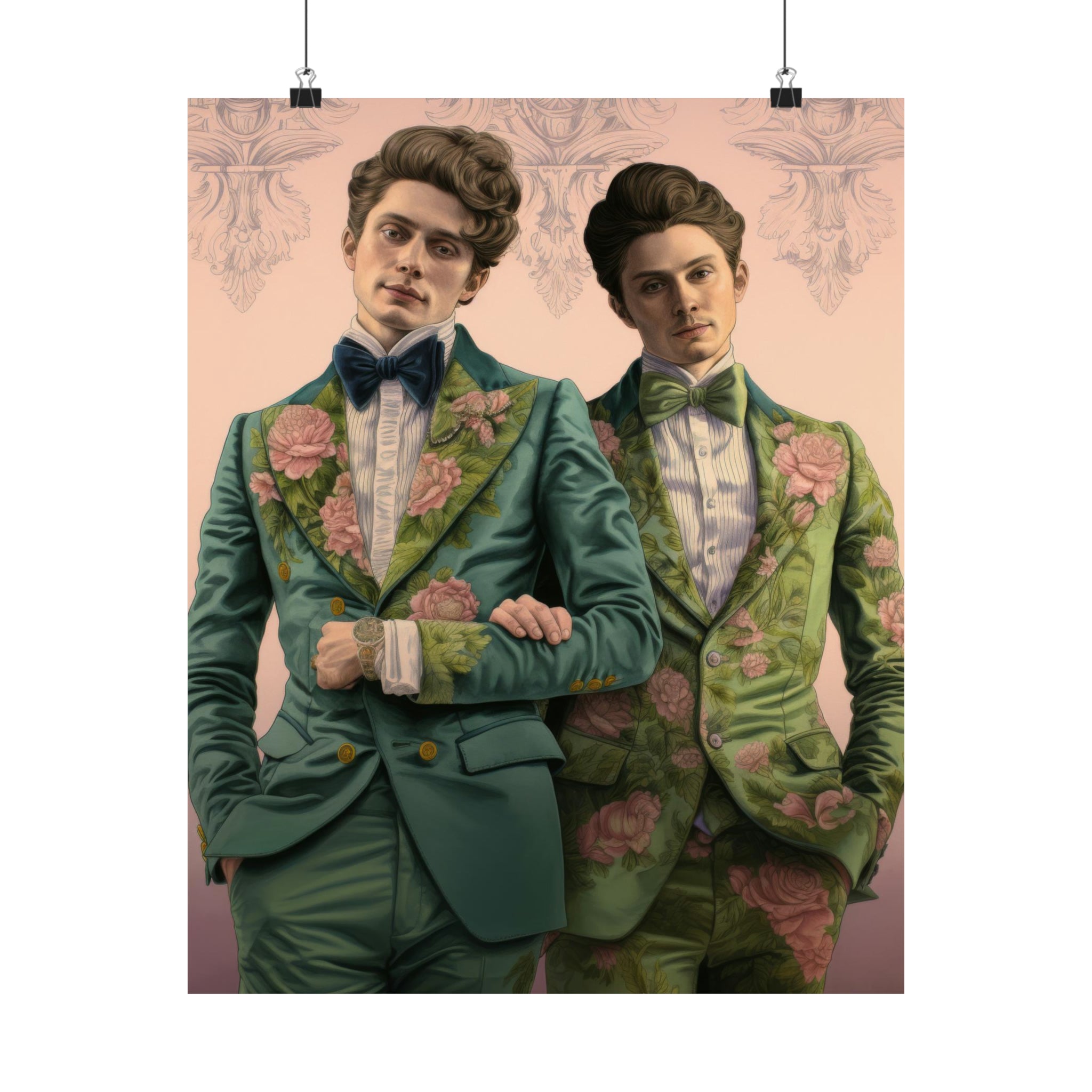 Two men in matching floral suits posing in front of a pink background with vintage art and wall decor featuring the Sense & Sensibility Large Matte Poster in 3 Sizes from Printify.