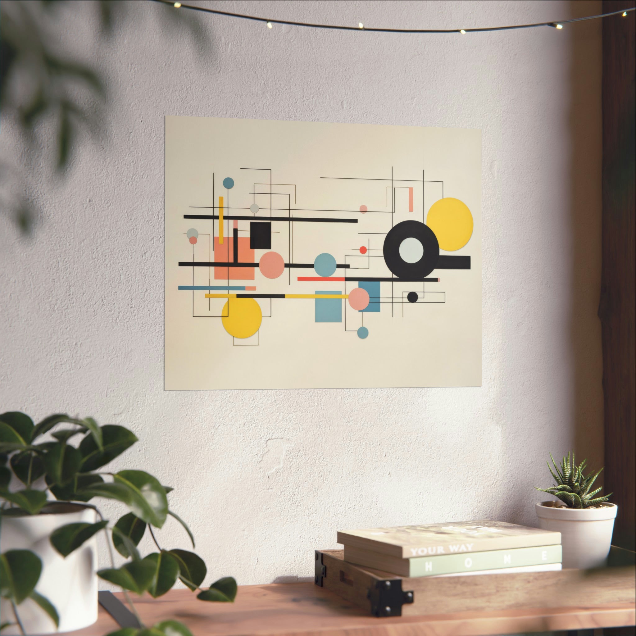 Shapes in Motion large matte poster from Printify hanging on a wall in a cozy room with indoor plants.