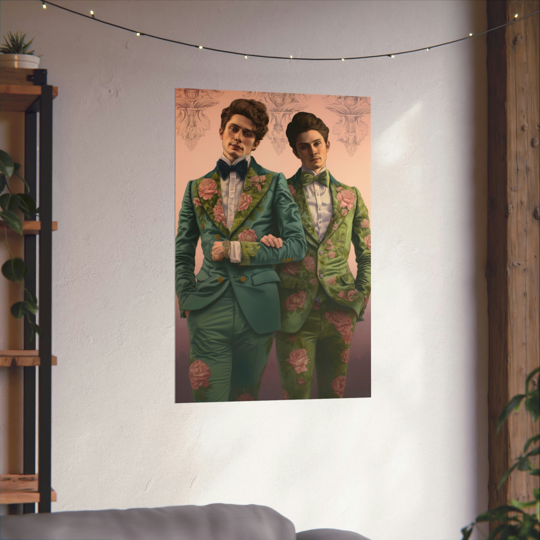 Two people wearing floral suits depicted in vintage art on a Printify Sense & Sensibility Large Matte Poster in 3 Sizes on the wall.