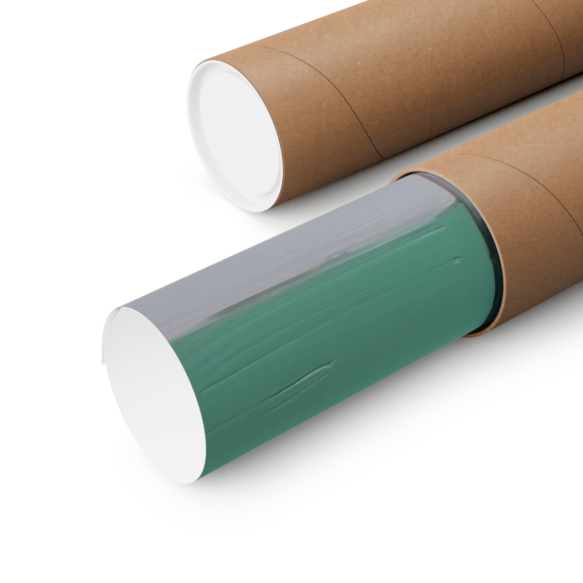 Two Glass of Water in Greens | Large Matte Posters | 3 Sizes partially unrolled from their cylindrical cardboard tubes on a white background by Printify.