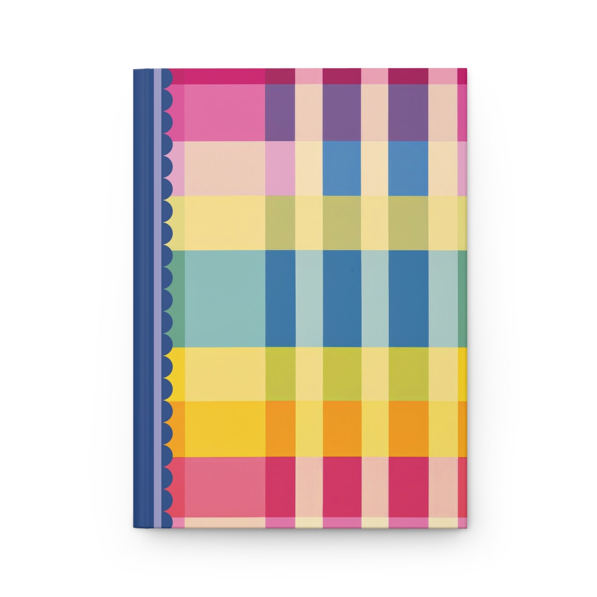 A Printify Hardcover Journal Matte with a colorful, checkered cover and a blue spine, featuring a grid pattern of pink, yellow, green, blue, and purple squares. Inside, you'll find lined pages perfect for notes or journaling.