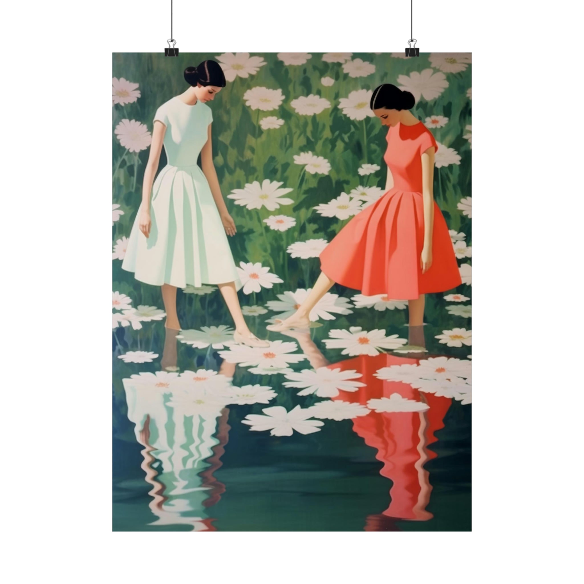 Two illustrated women in vintage dresses touching toes while standing in a reflective body of water with flowers around them, transformed into Dance of the Waterlilies art prints by Printify.